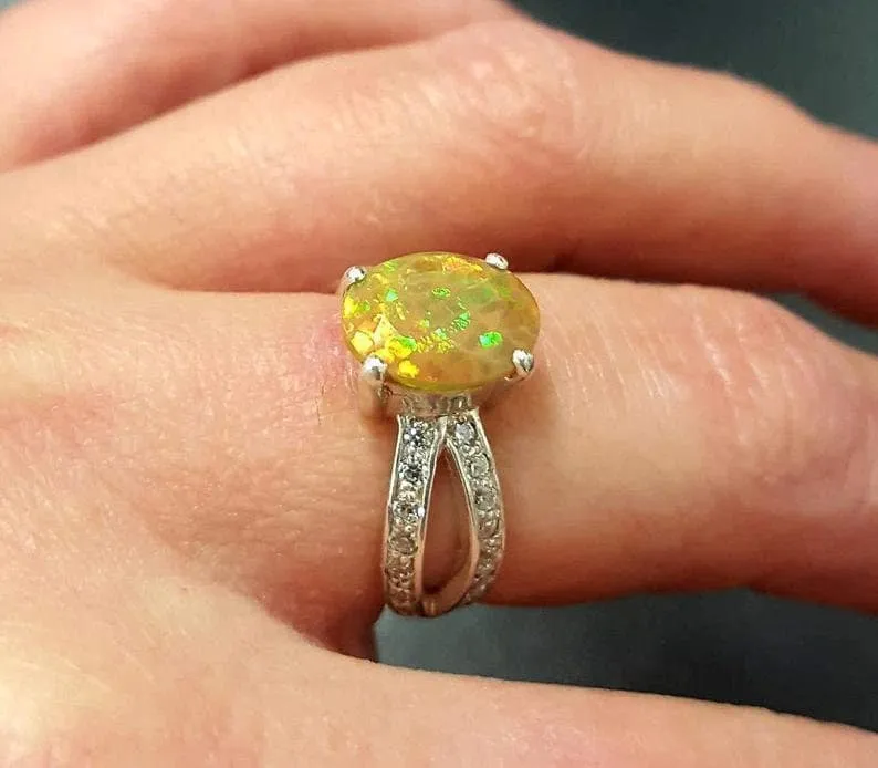 Fire Opal Gold Ring - Solitaire Opal Ring - Natural Opal Ring