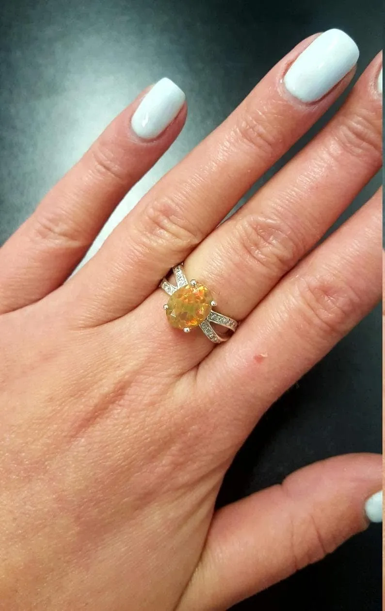 Fire Opal Gold Ring - Solitaire Opal Ring - Natural Opal Ring