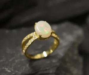 Fire Opal Gold Ring - Solitaire Opal Ring - Natural Opal Ring