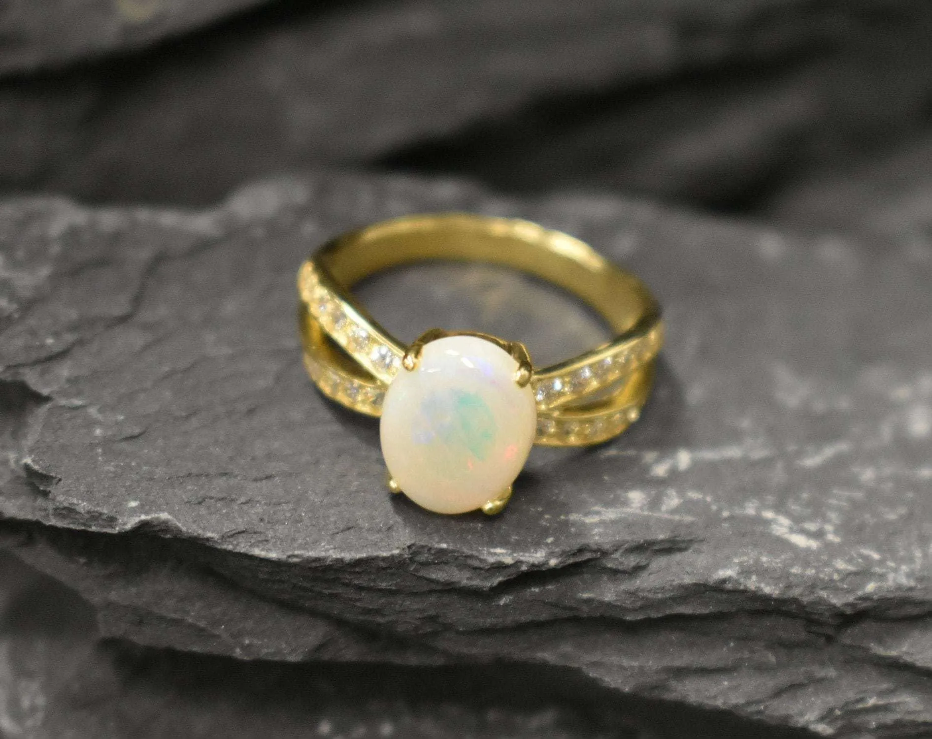 Fire Opal Gold Ring - Solitaire Opal Ring - Natural Opal Ring