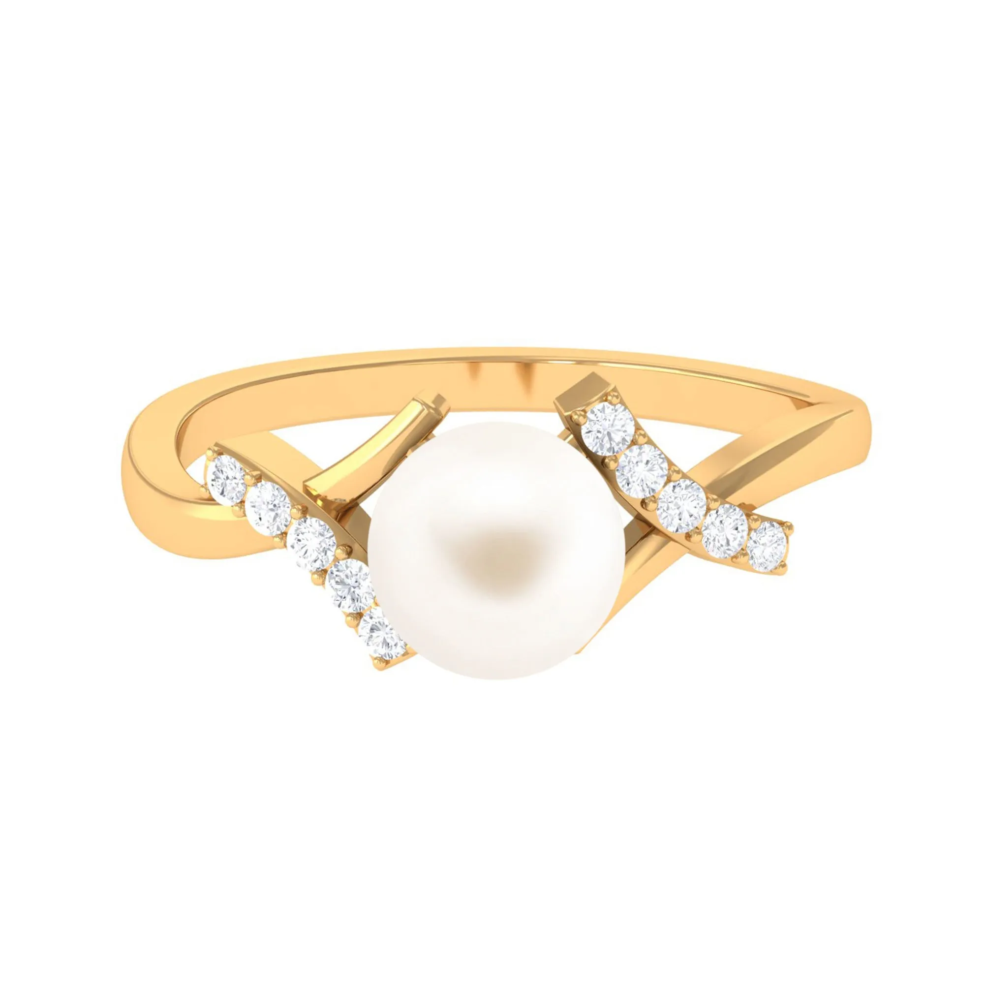 Freshwater Pearl Solitaire Crossover Engagement Ring with Diamond