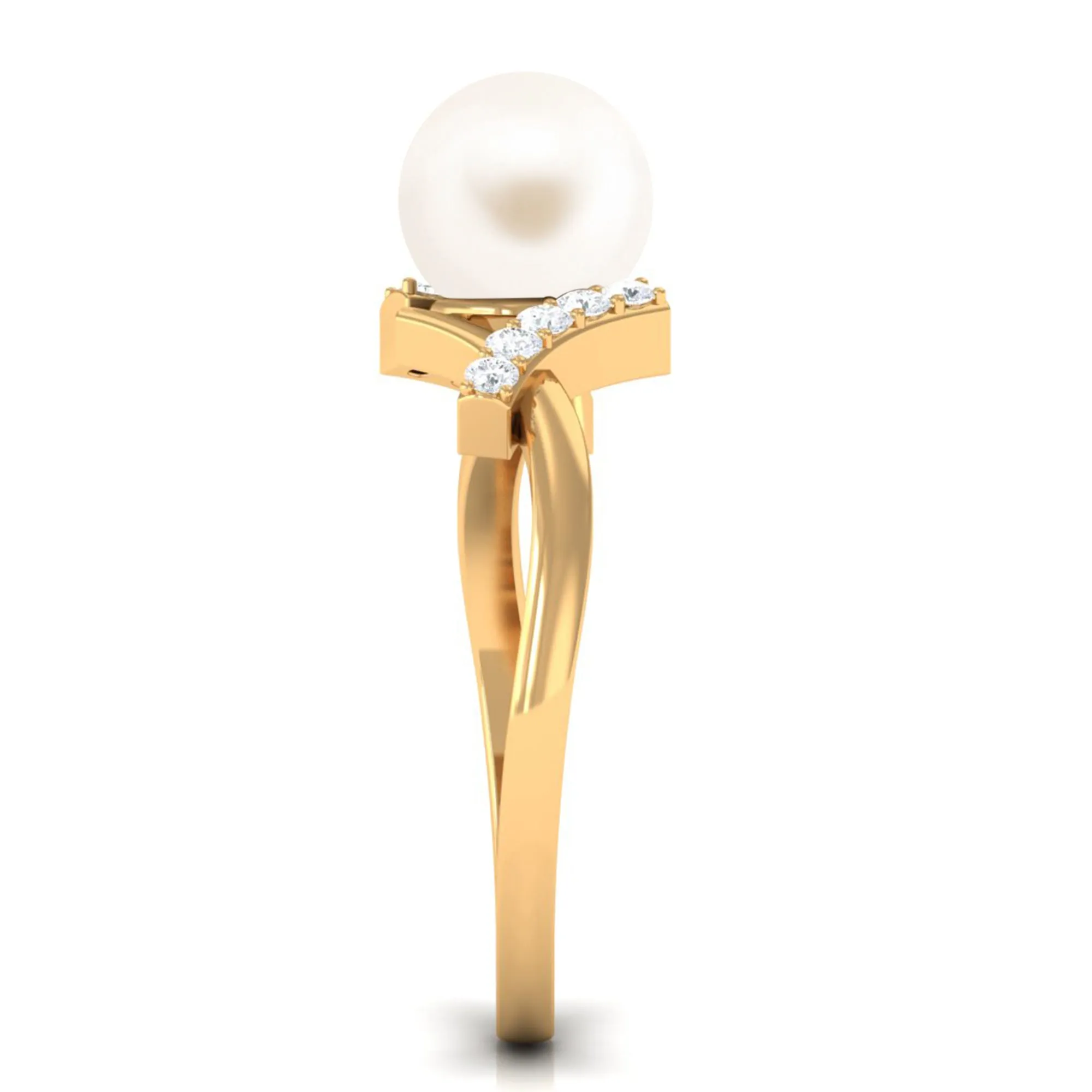 Freshwater Pearl Solitaire Crossover Engagement Ring with Diamond