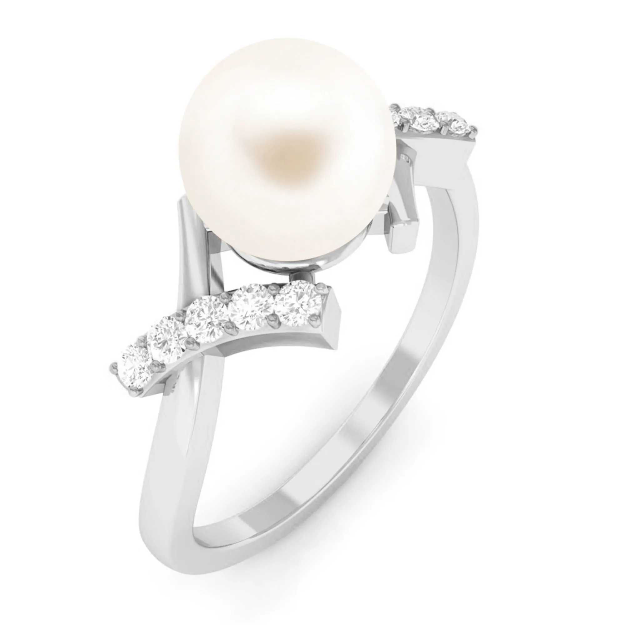 Freshwater Pearl Solitaire Crossover Engagement Ring with Diamond