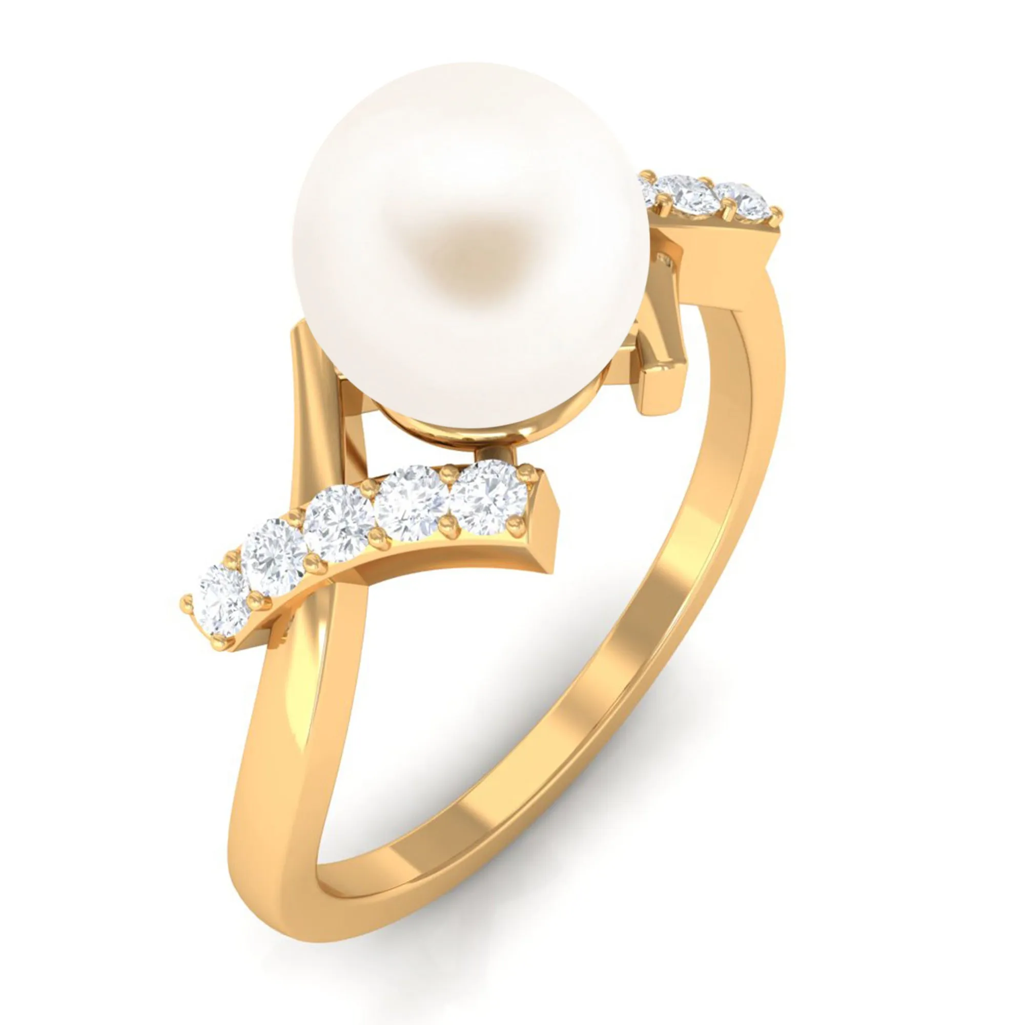 Freshwater Pearl Solitaire Crossover Engagement Ring with Diamond