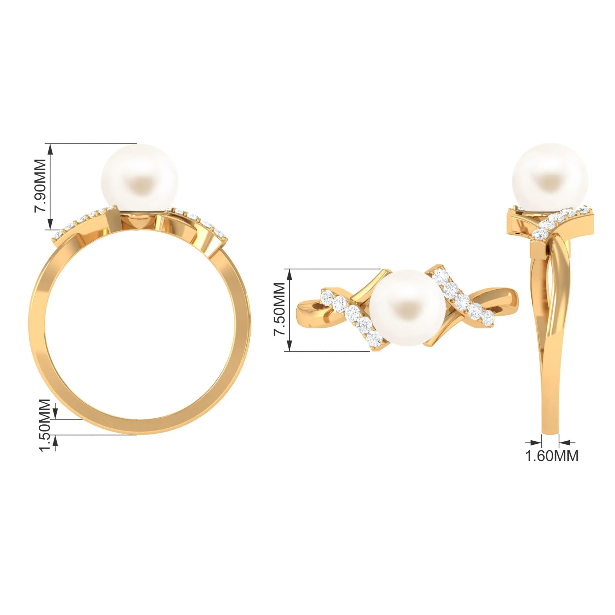 Freshwater Pearl Solitaire Crossover Engagement Ring with Diamond