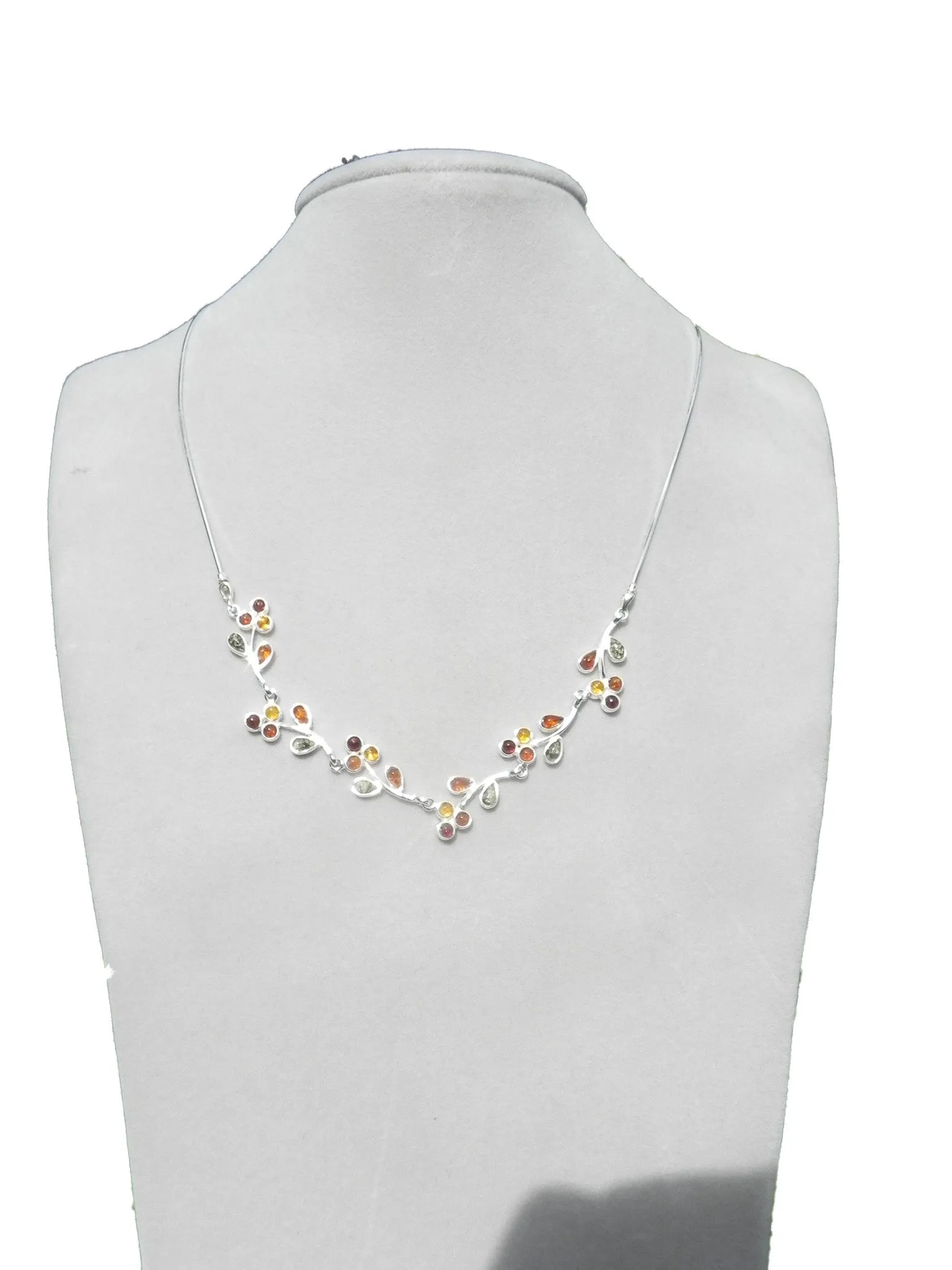 Genuine Baltic Amber Necklace - Multi Color Amber Leafy String - 925 Sterling...
