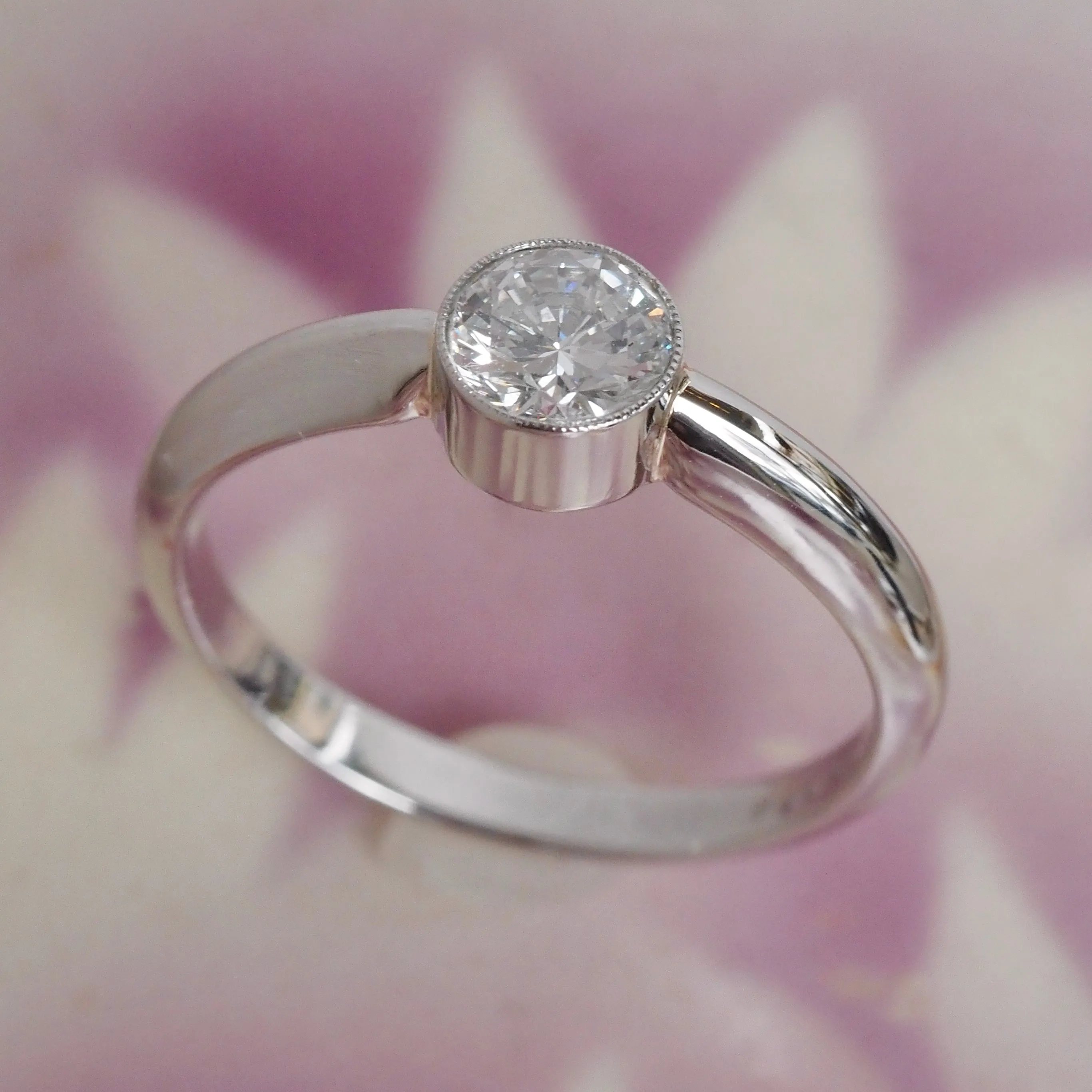 Half Carat Round Brilliant Cut Diamond Solitaire Platinum Bezel Set Engagement Ring