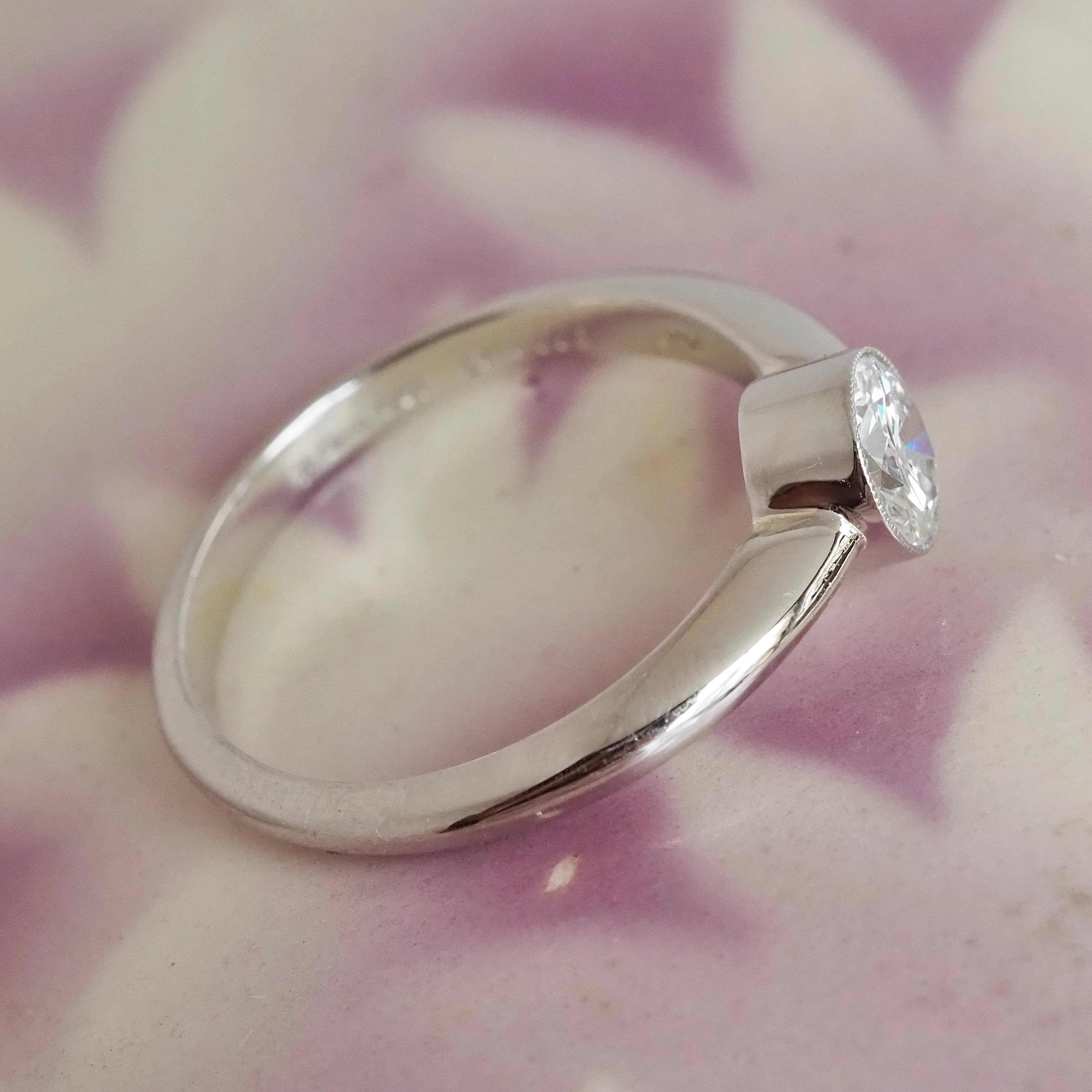 Half Carat Round Brilliant Cut Diamond Solitaire Platinum Bezel Set Engagement Ring