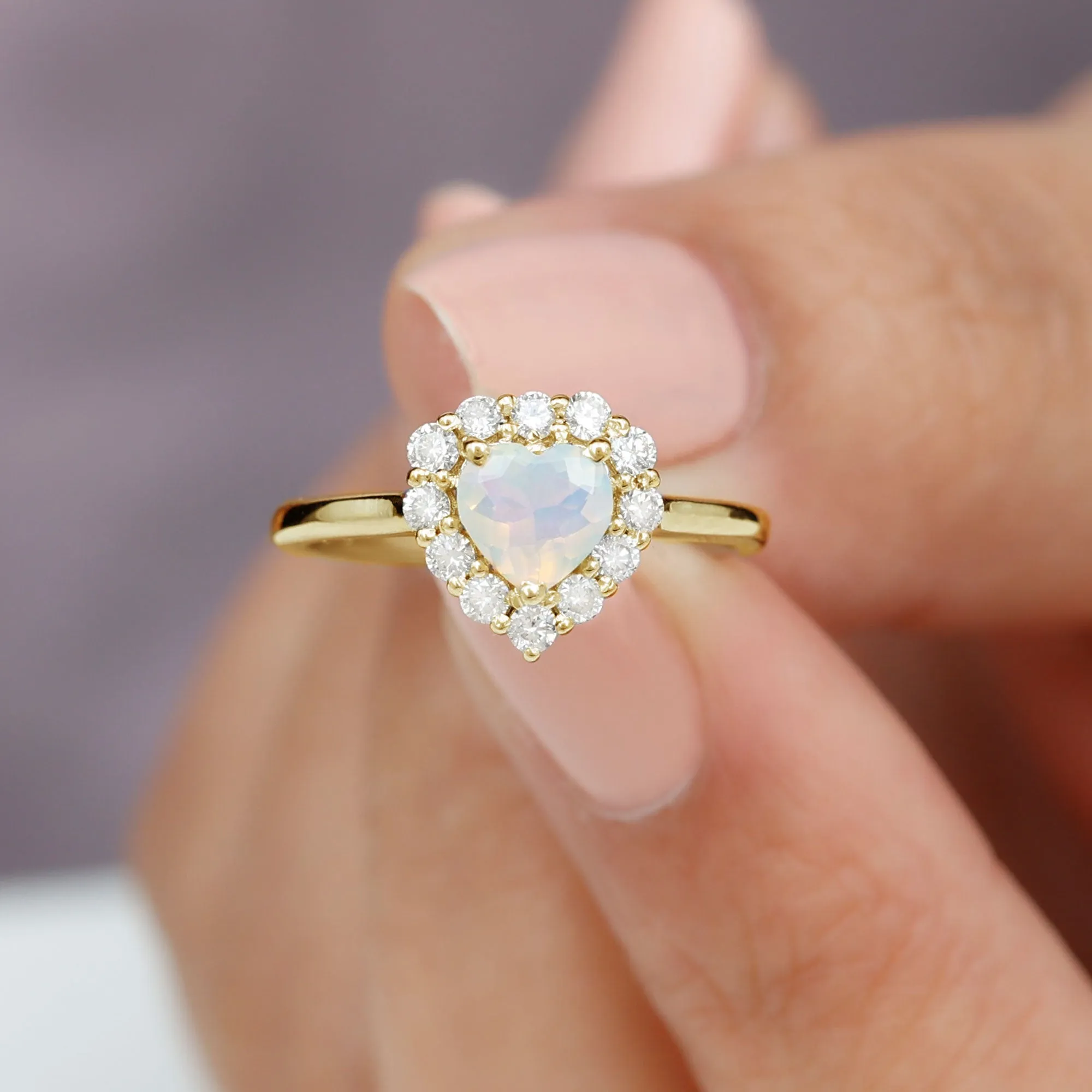 Heart Shape Ethiopian Opal Halo Engagement with Diamond
