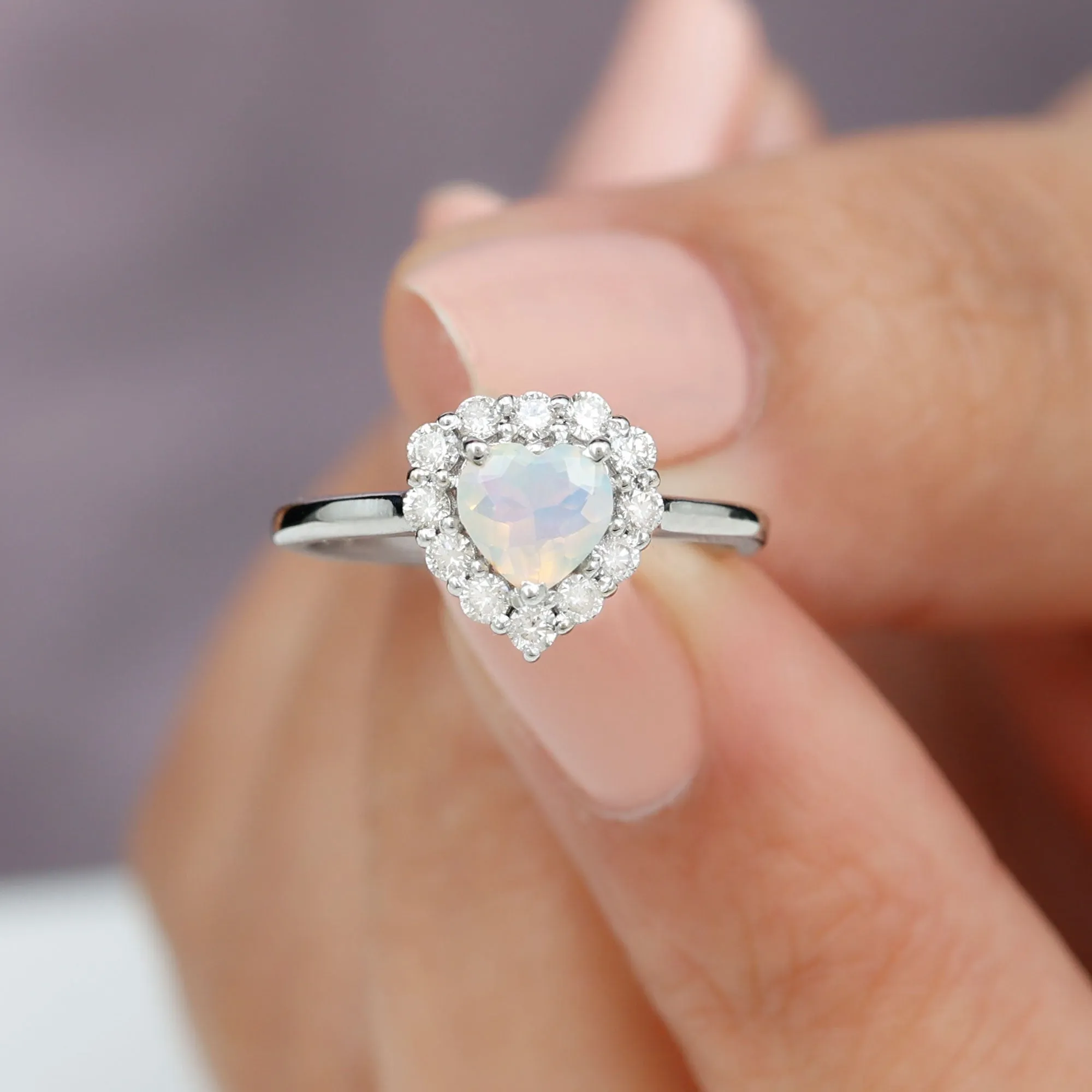 Heart Shape Ethiopian Opal Halo Engagement with Diamond