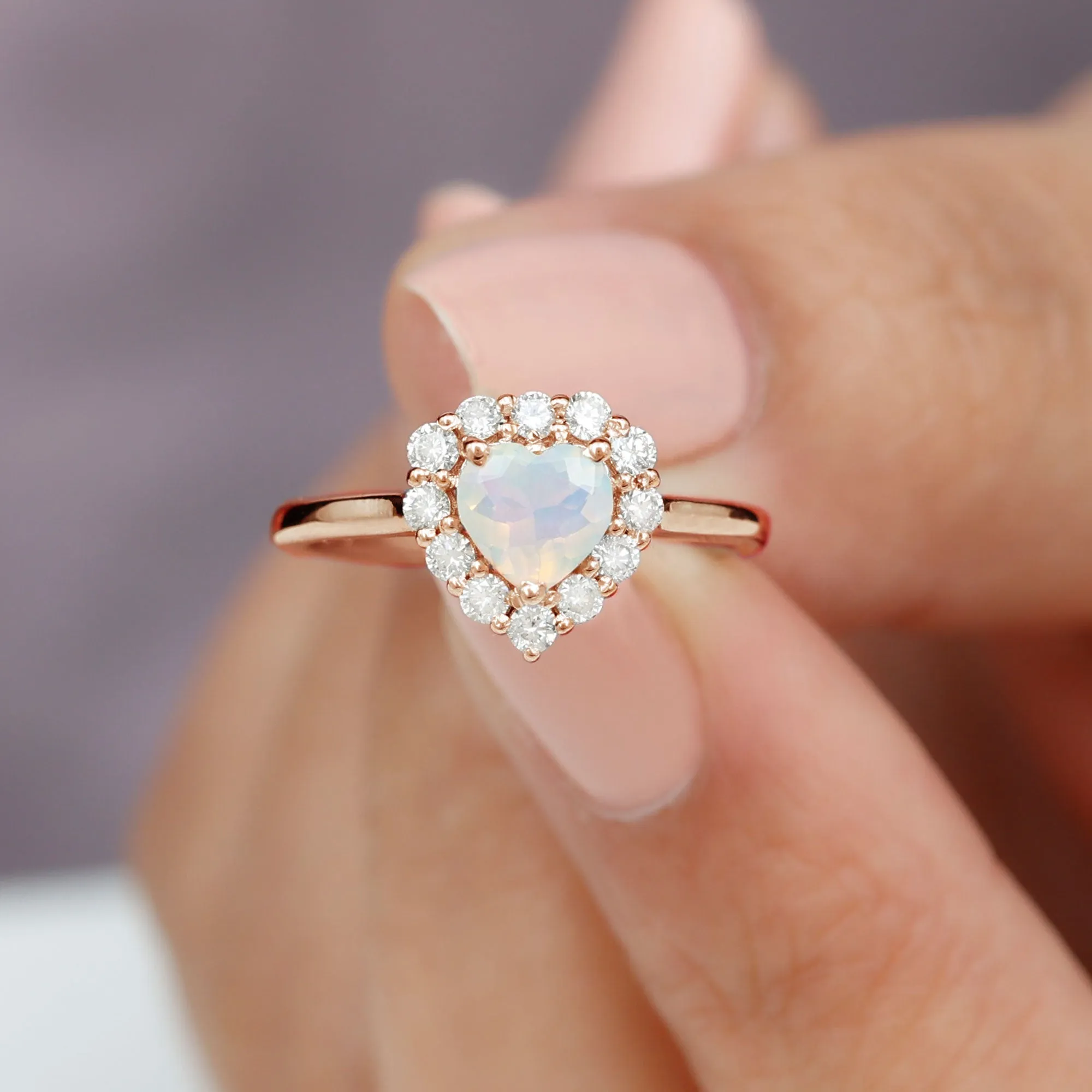Heart Shape Ethiopian Opal Halo Engagement with Diamond