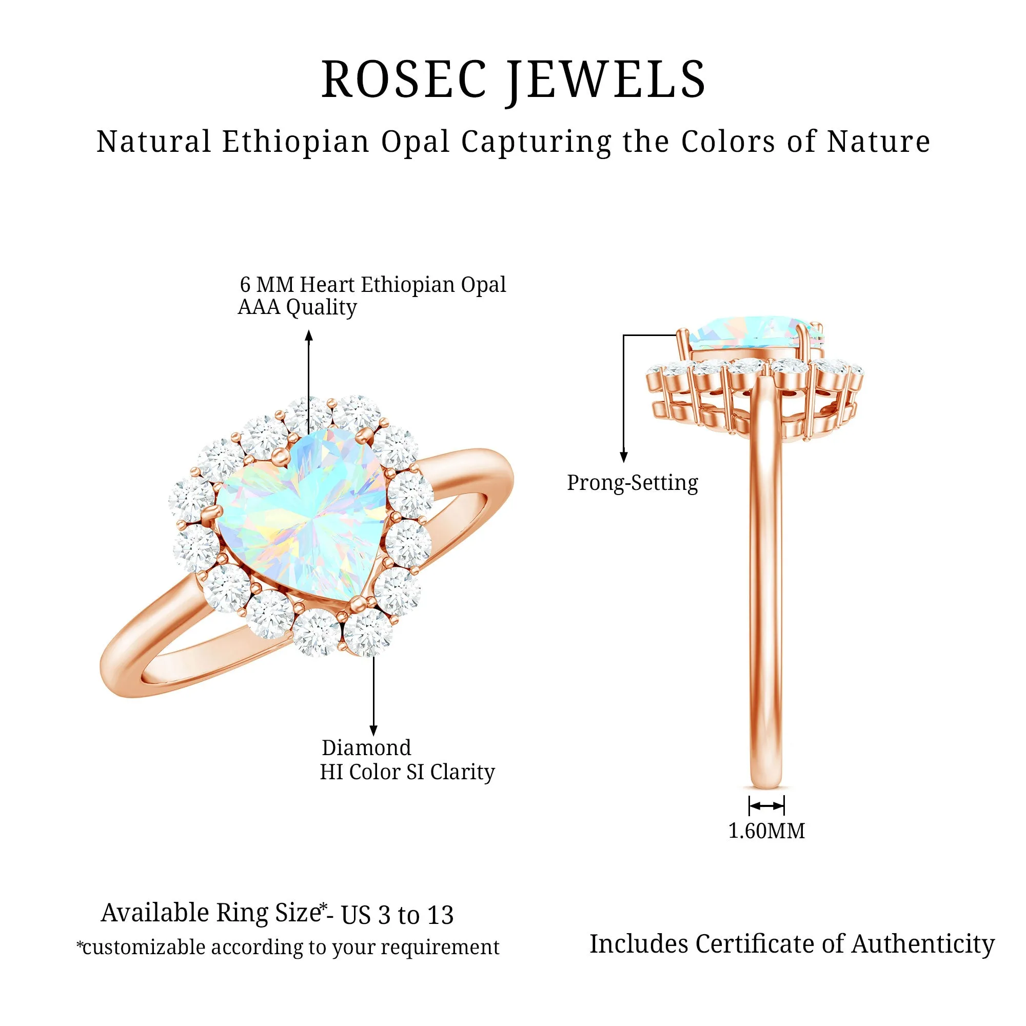 Heart Shape Ethiopian Opal Halo Engagement with Diamond