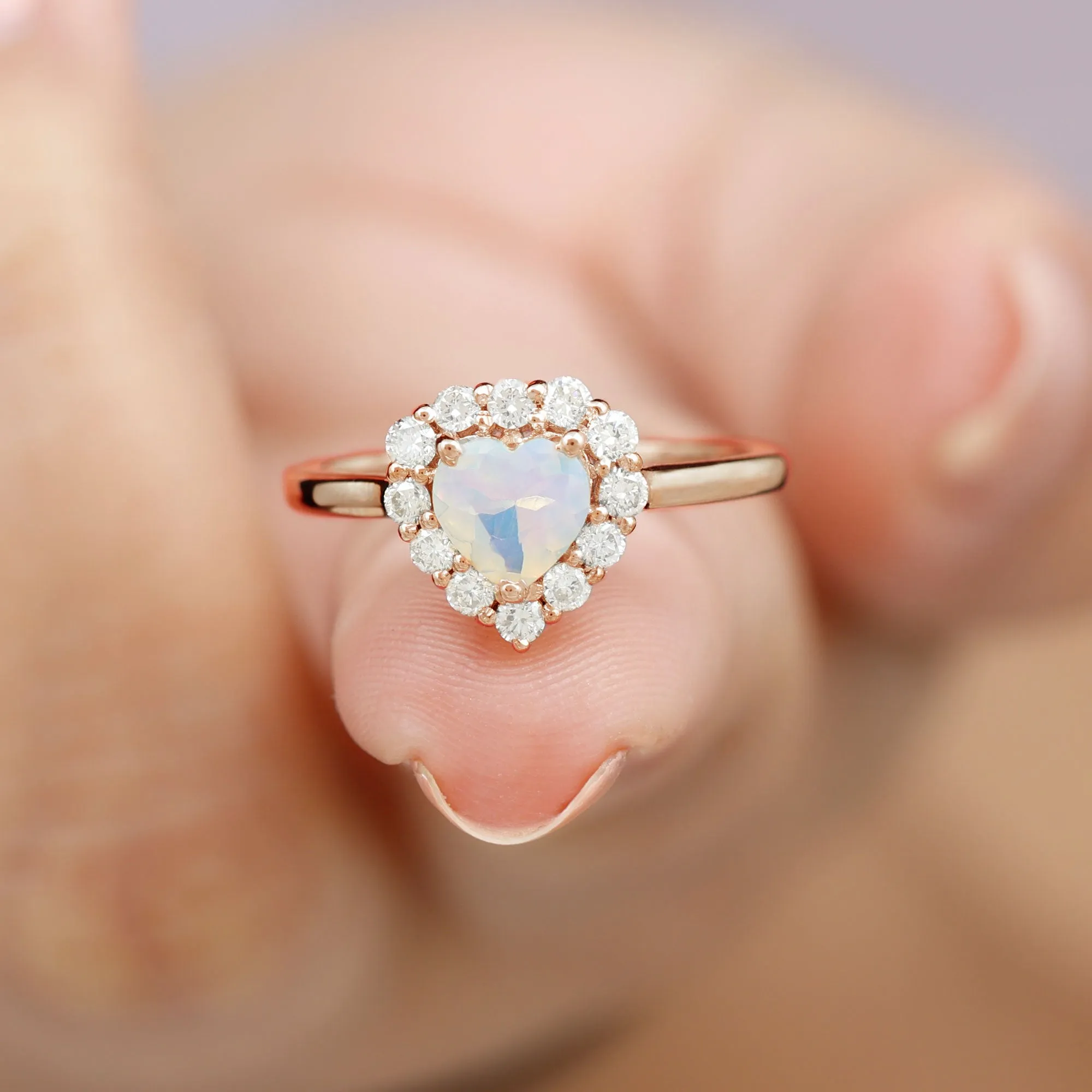 Heart Shape Ethiopian Opal Halo Engagement with Diamond