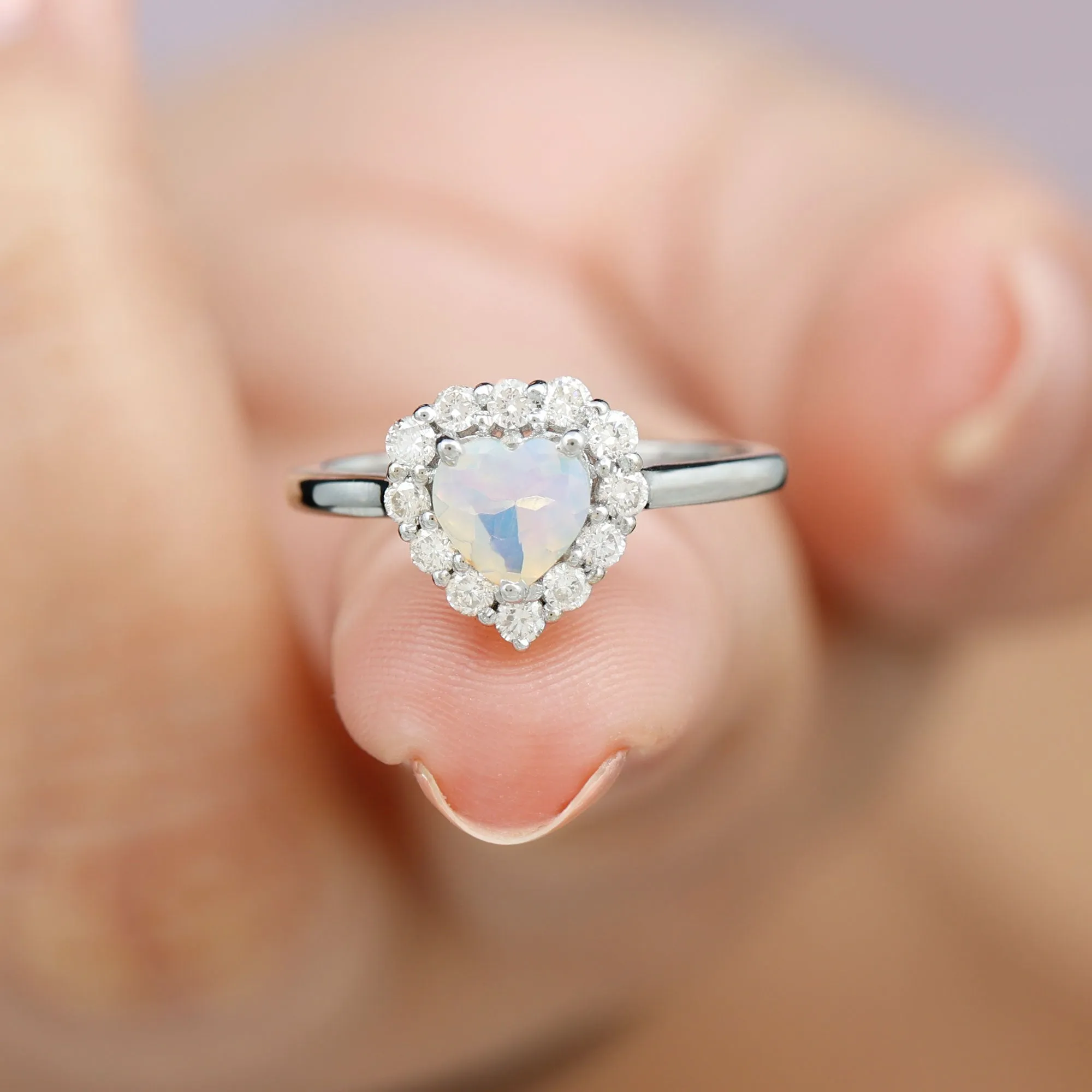Heart Shape Ethiopian Opal Halo Engagement with Diamond