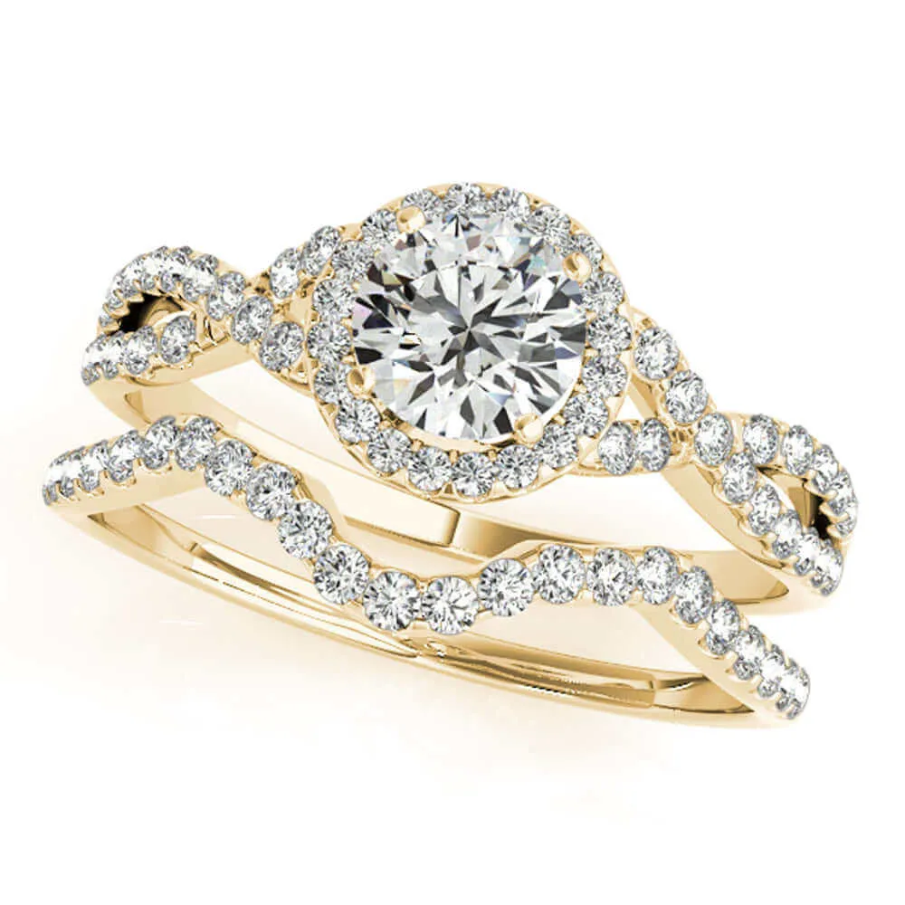 JewelMore 1/2 Carat Halo Daimond Engagement Bridal Ring Set 14K Solid Yellow Gold (I-J/I2-I3)