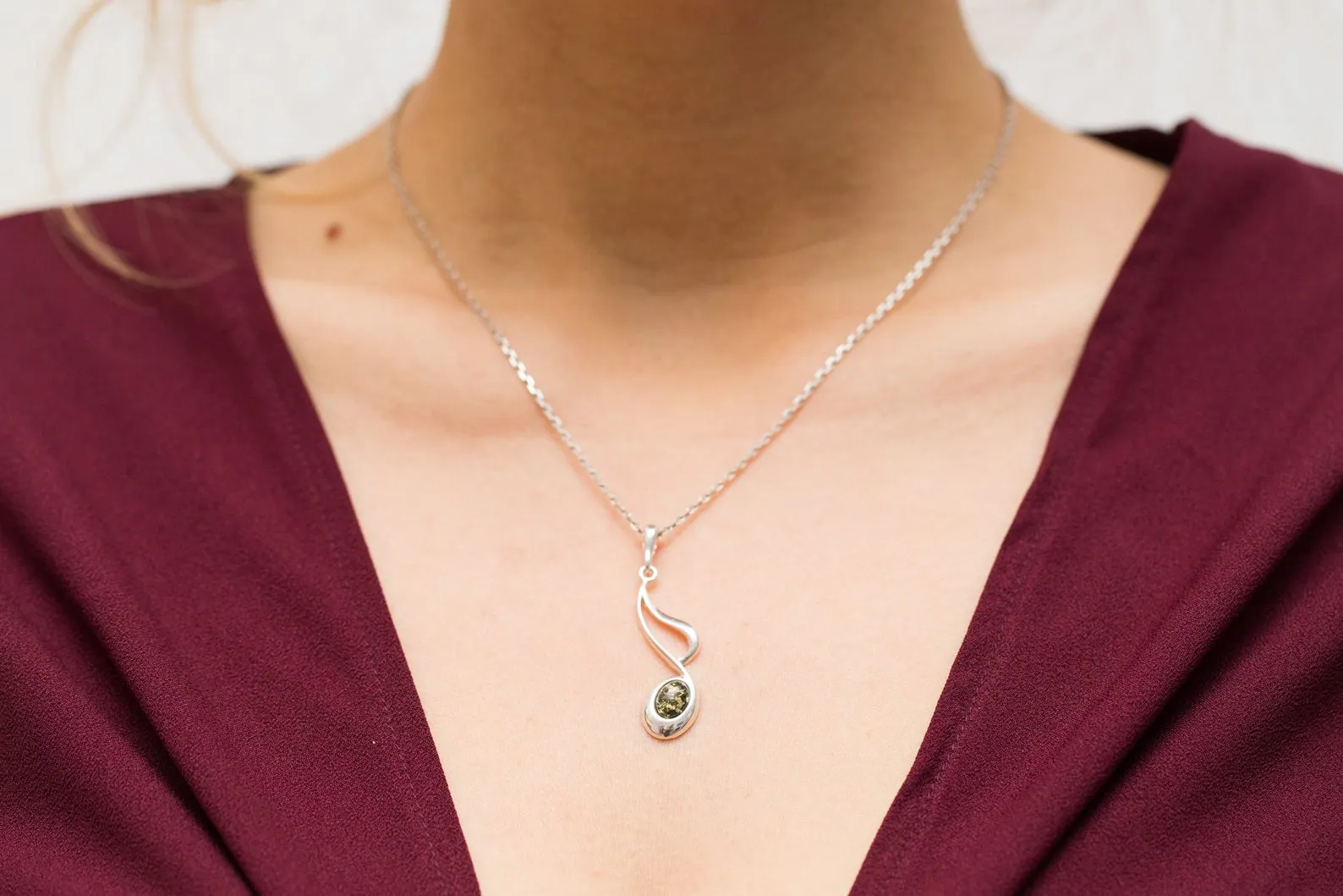 Large Green Amber Music Note Pendant - Sterling Silver Necklace | Perfect for Music Lovers