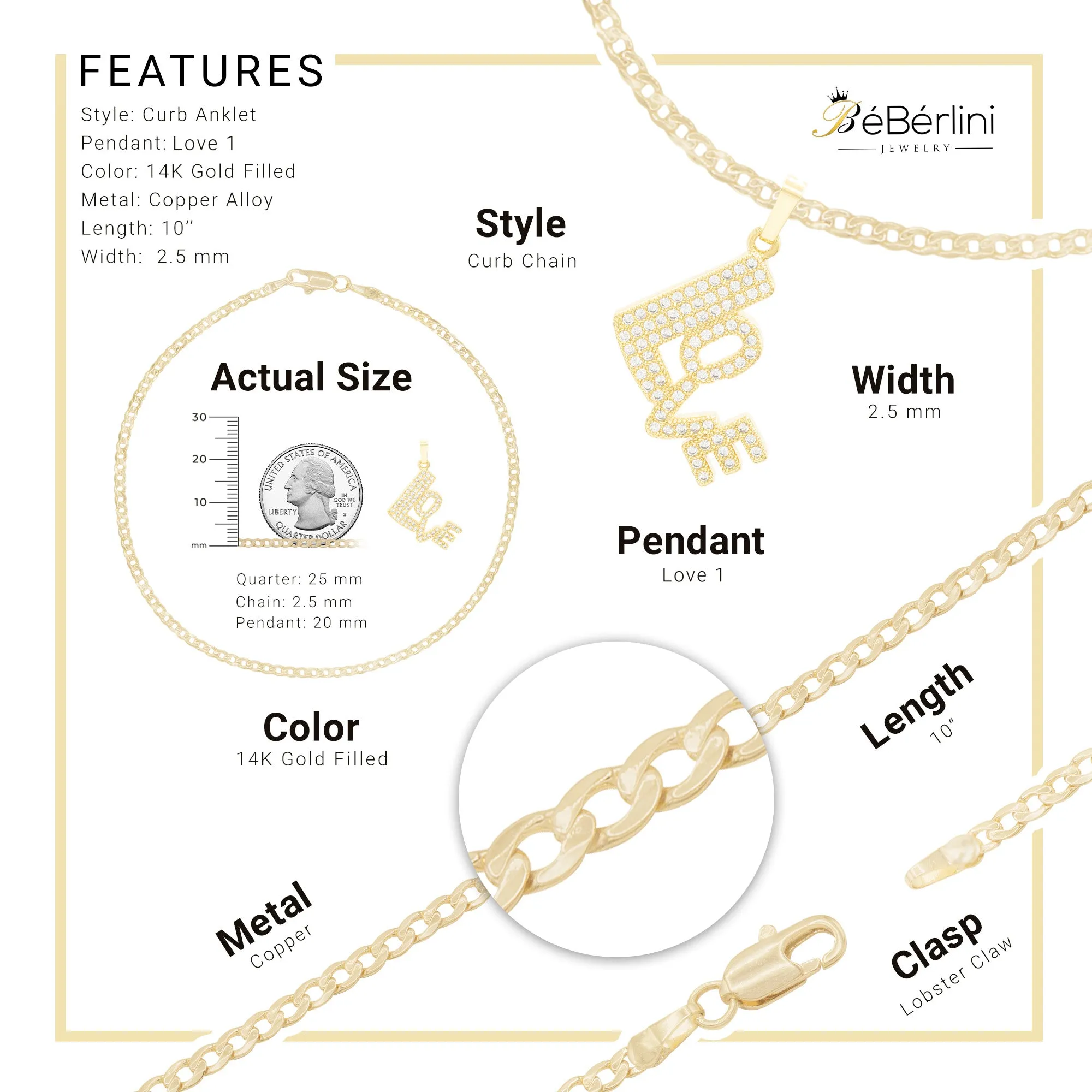 Love Pendant 14K Anklet Gold Filled Cubic Zirconia 10" Women Jewelry