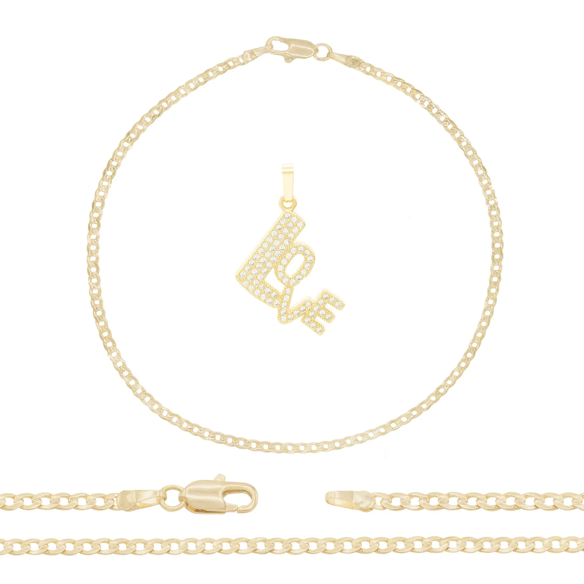 Love Pendant 14K Anklet Gold Filled Cubic Zirconia 10" Women Jewelry
