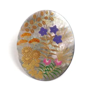 Maki-e Urushi Lacquer Brooch - Black Lip Oyster Pearl Shell / Autumn Flower -, Traditional Japanese Urushi Lacquer Jewelry