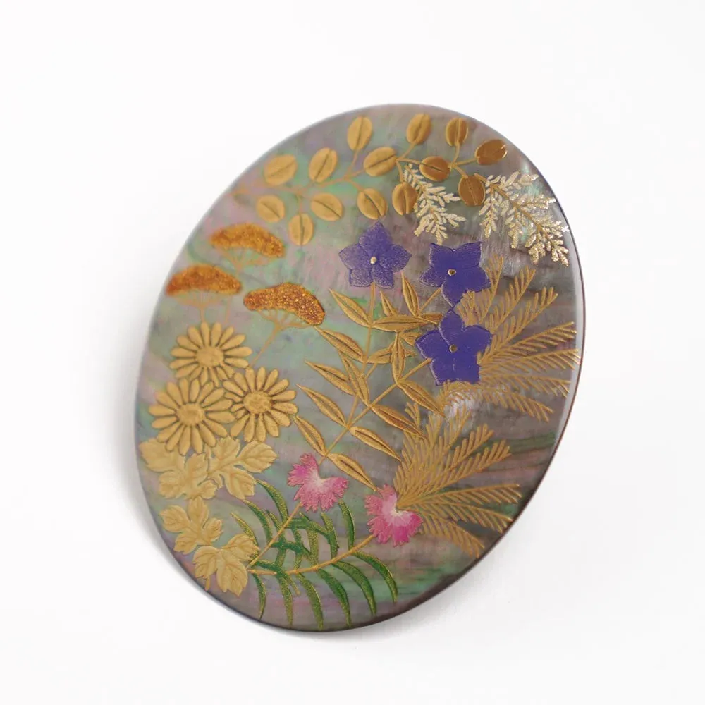 Maki-e Urushi Lacquer Brooch - Black Lip Oyster Pearl Shell / Autumn Flower -, Traditional Japanese Urushi Lacquer Jewelry
