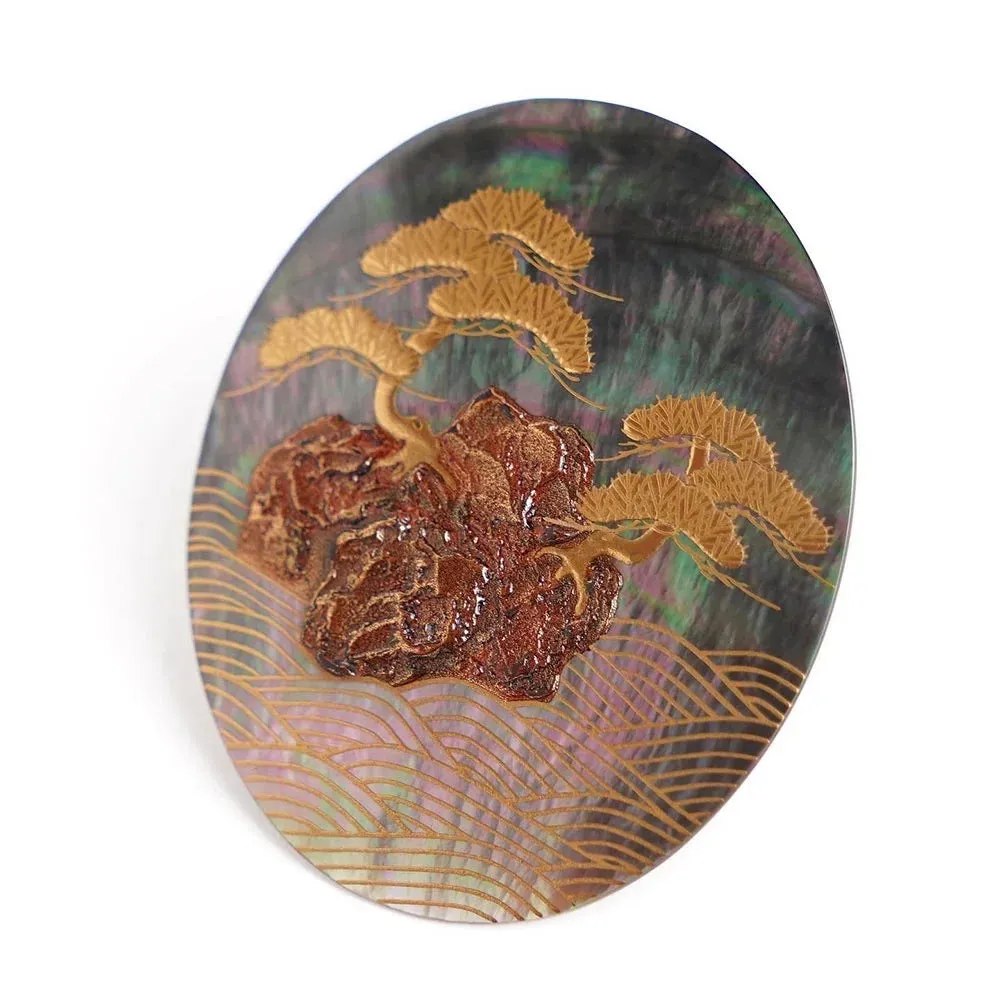 Maki-e Urushi Lacquer Brooch - Black Lip Oyster Pearl Shell / Pine Tree -, Traditional Japanese Urushi Lacquer Jewelry