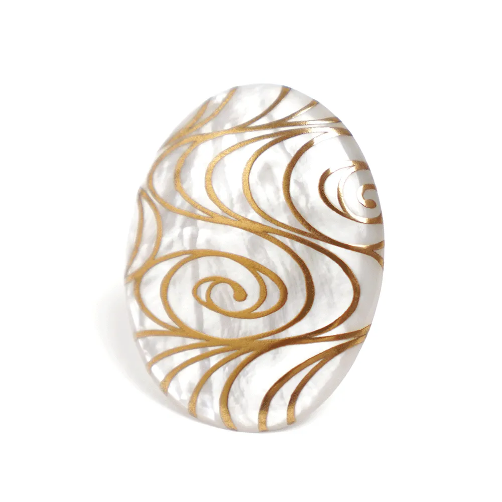 Maki-e Urushi Lacquer Brooch - White South Sea Pearl Shell / Flowing Water -, Traditional Japanese Urushi Lacquer Jewelry