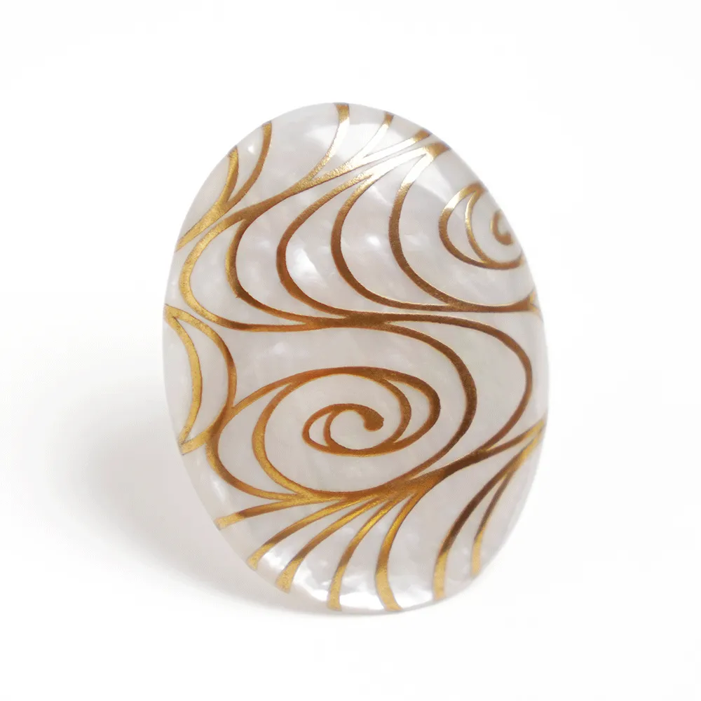 Maki-e Urushi Lacquer Brooch - White South Sea Pearl Shell / Flowing Water -, Traditional Japanese Urushi Lacquer Jewelry