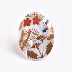 Maki-e Urushi Lacquer Brooch - White South Sea Pearl Shell / Spring Flower -, Traditional Japanese Urushi Lacquer Jewelry