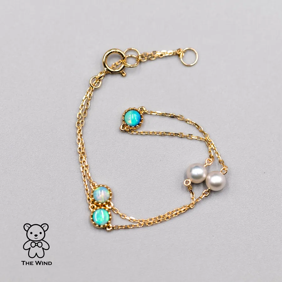 Minimalist Australian Solid Opal & Pearl Bracelet 18k Yellow Gold