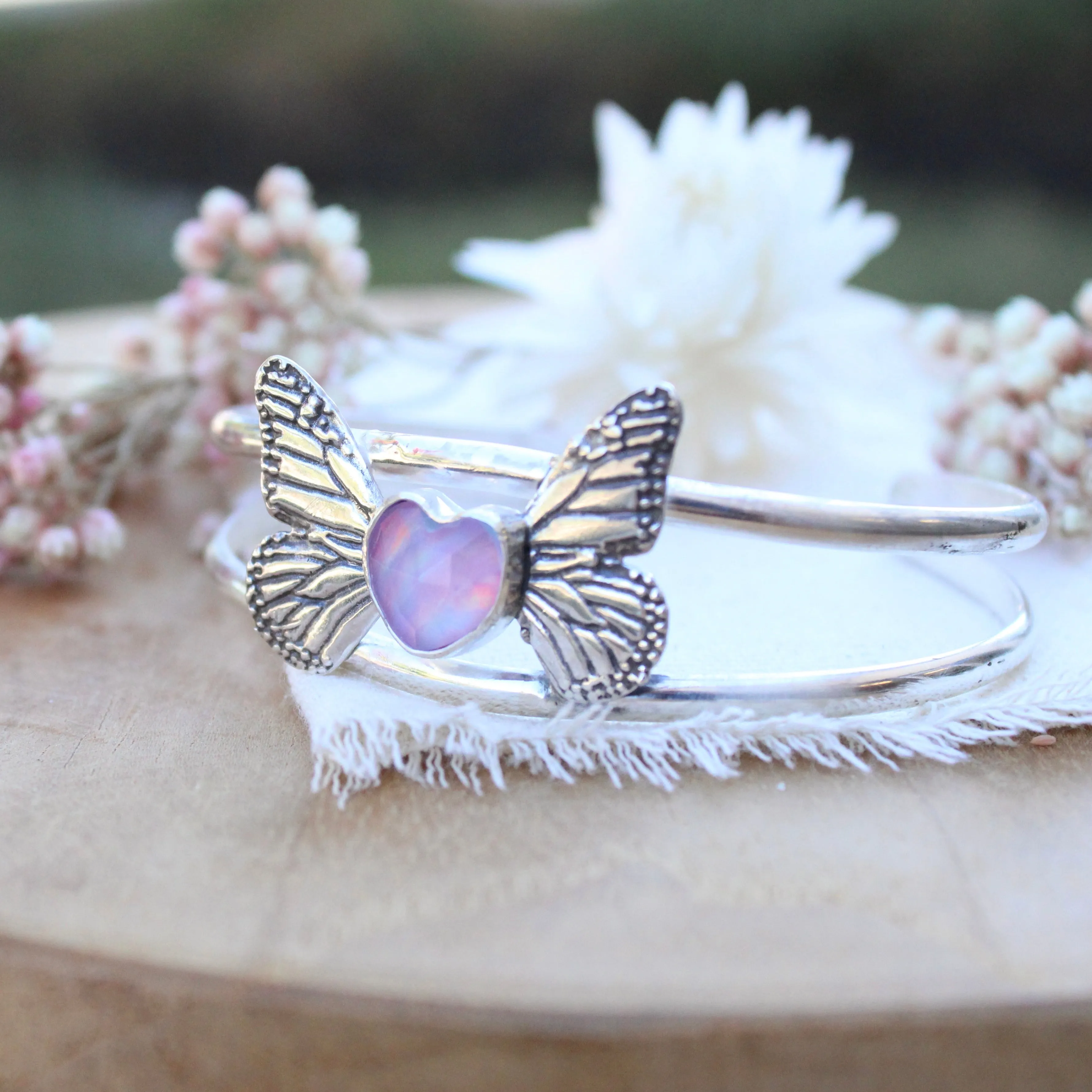 Monarch Butterfly With an Opal Heart Cuff Bracelet