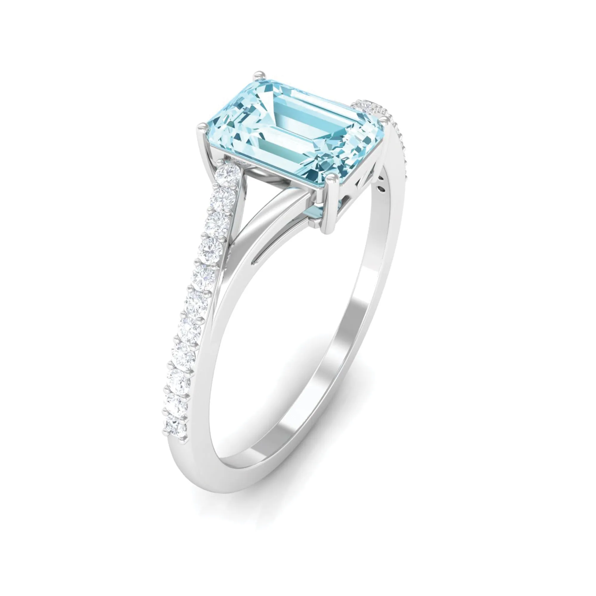 Octagon Cut Solitaire Aquamarine Engagement Ring with Diamond