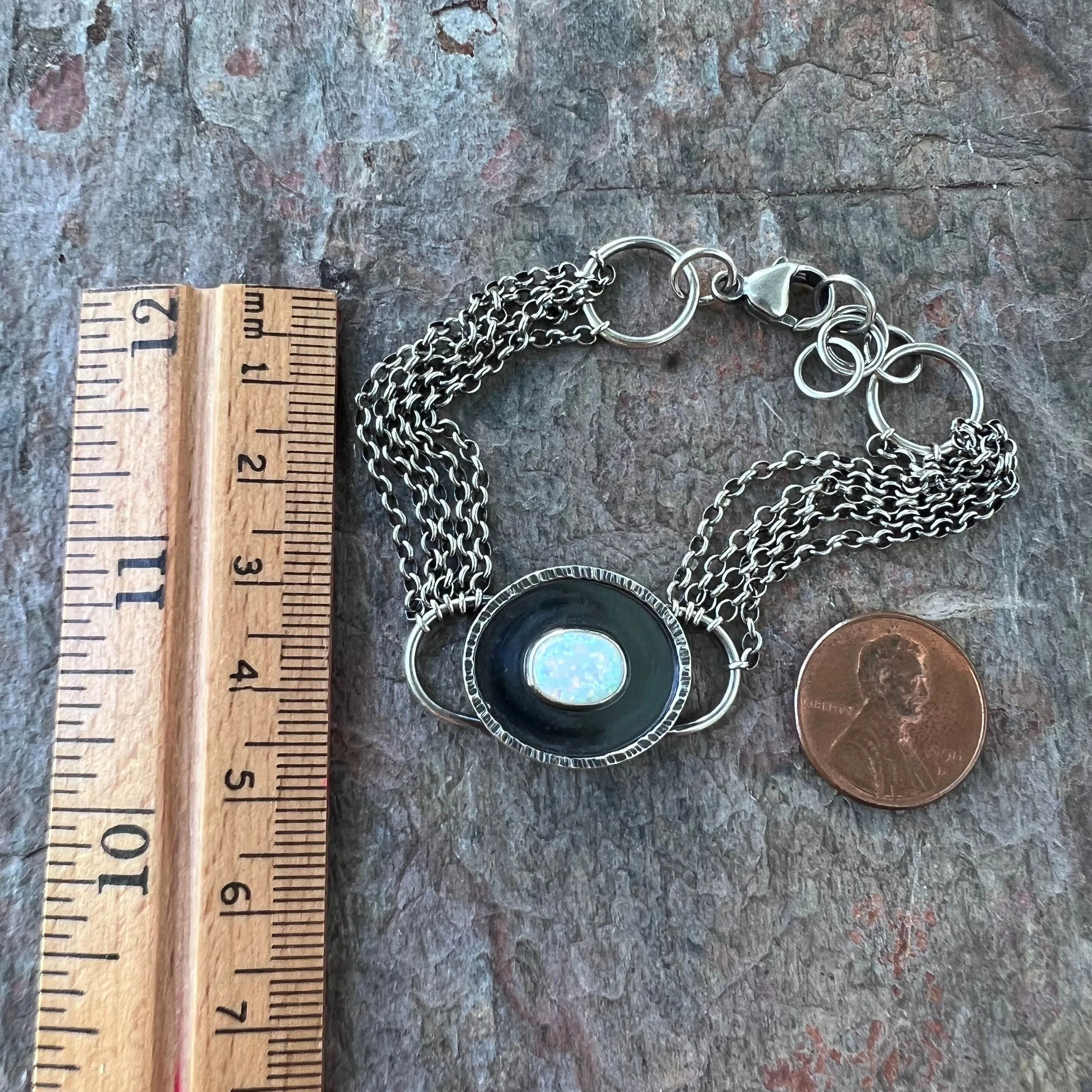 Opal Sterling Silver Bracelet - Handmade Simulated Opal Cabochon and Sterling Silver Bracelet