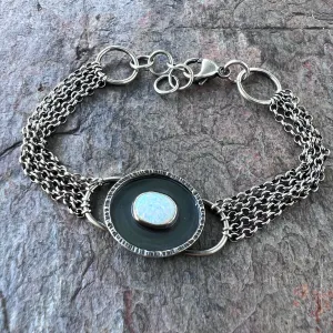 Opal Sterling Silver Bracelet - Handmade Simulated Opal Cabochon and Sterling Silver Bracelet