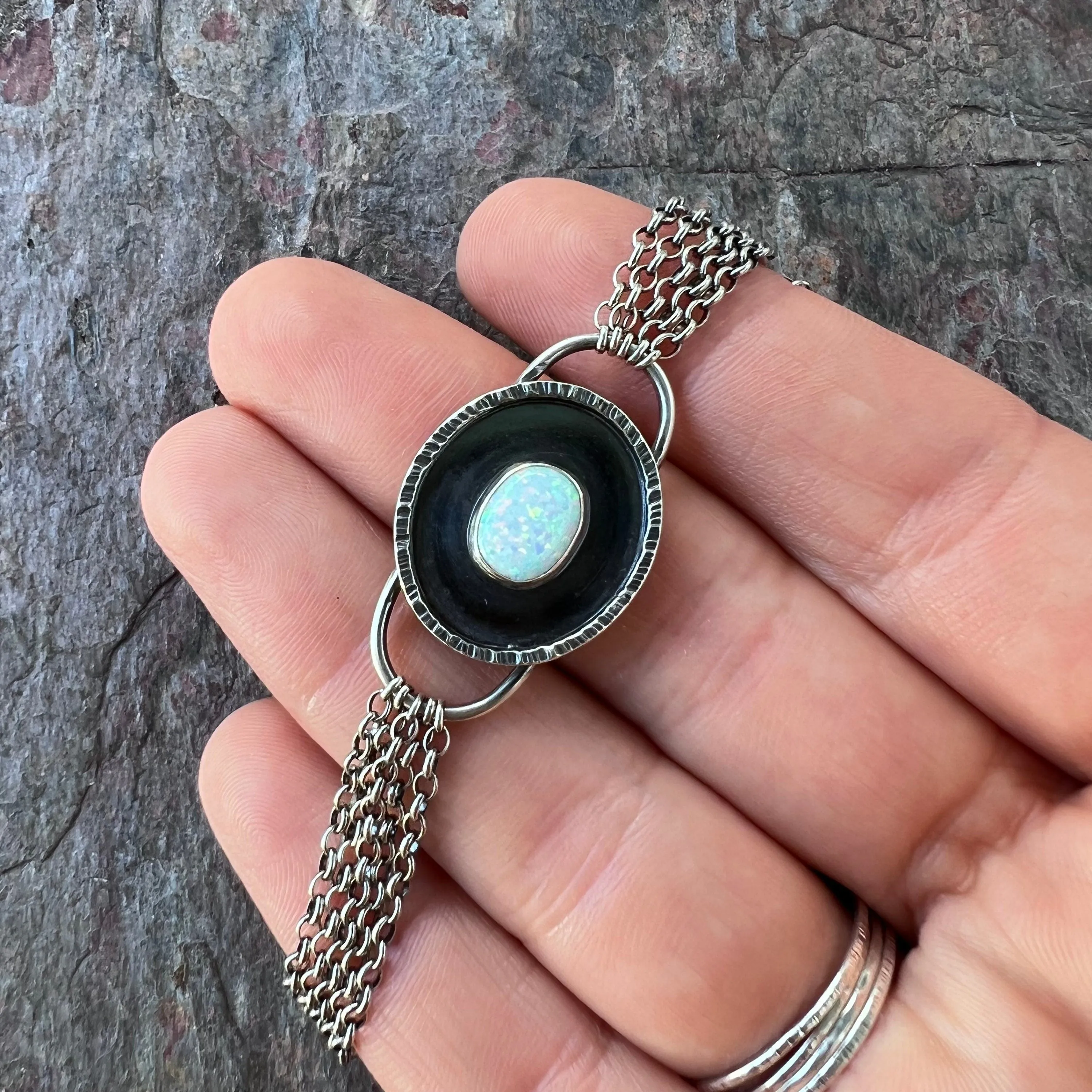 Opal Sterling Silver Bracelet - Handmade Simulated Opal Cabochon and Sterling Silver Bracelet