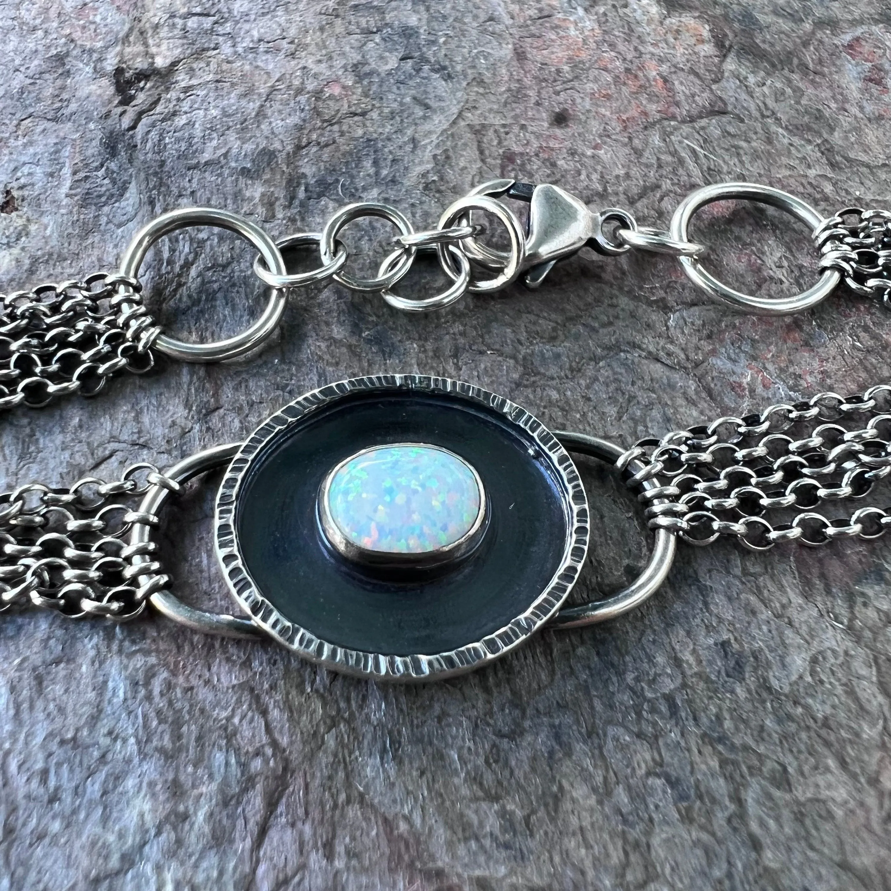 Opal Sterling Silver Bracelet - Handmade Simulated Opal Cabochon and Sterling Silver Bracelet