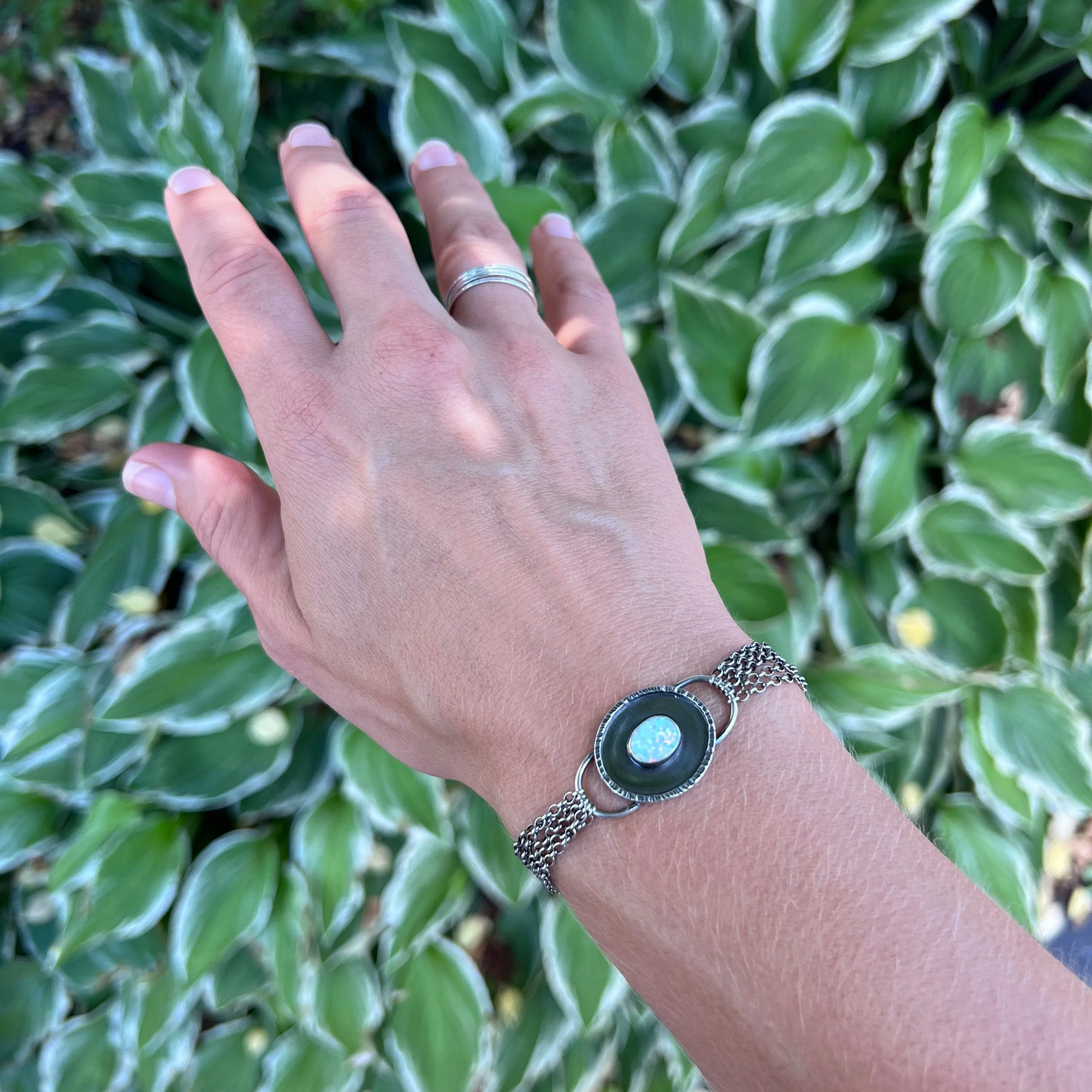 Opal Sterling Silver Bracelet - Handmade Simulated Opal Cabochon and Sterling Silver Bracelet