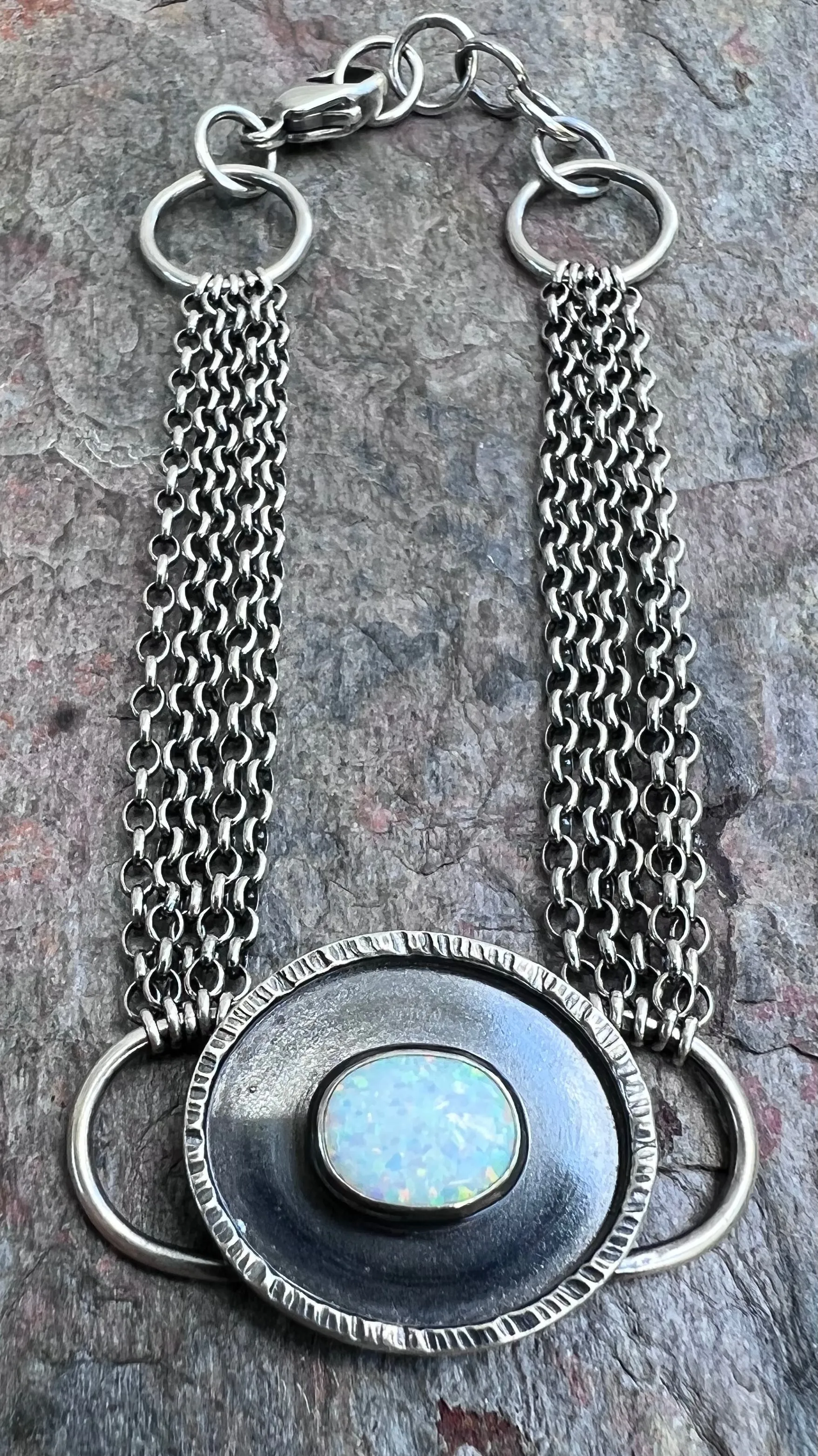 Opal Sterling Silver Bracelet - Handmade Simulated Opal Cabochon and Sterling Silver Bracelet