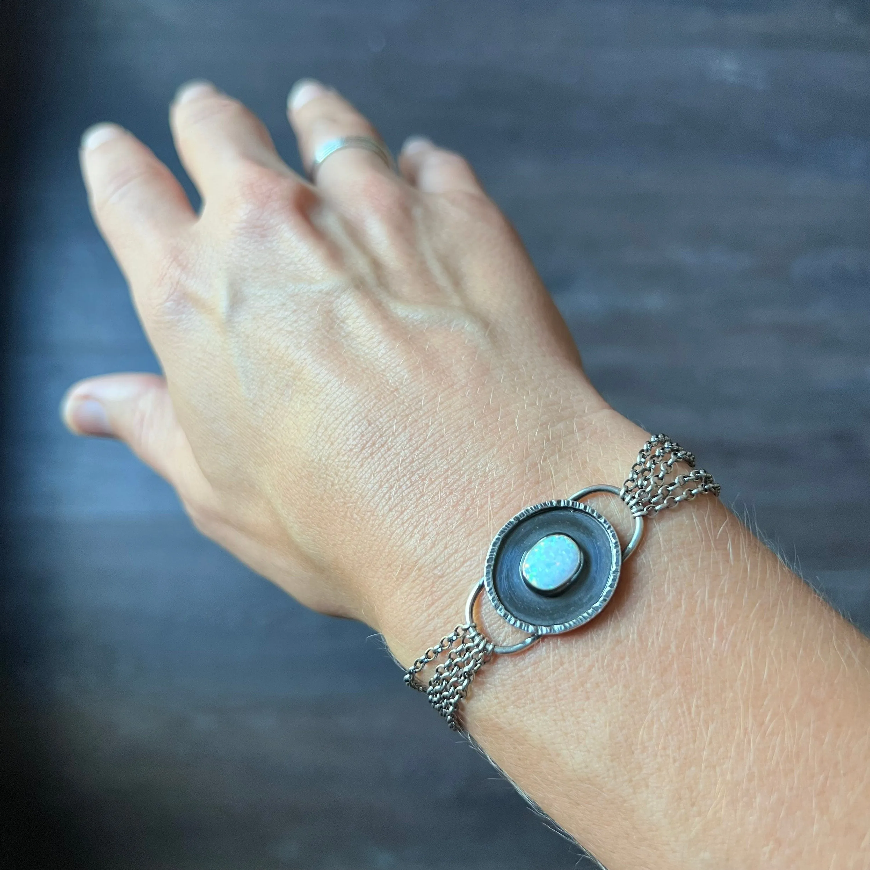 Opal Sterling Silver Bracelet - Handmade Simulated Opal Cabochon and Sterling Silver Bracelet