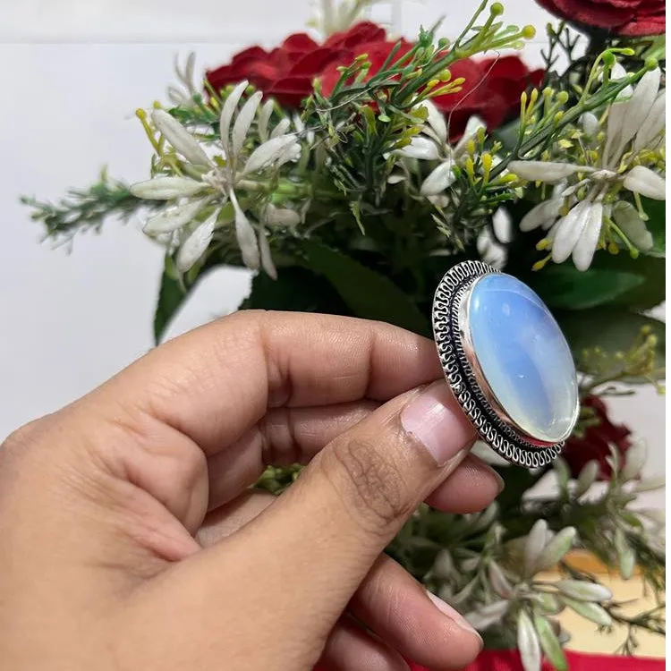 Opalite Adjustable Unisex Fancy Oval Ring In German Silver