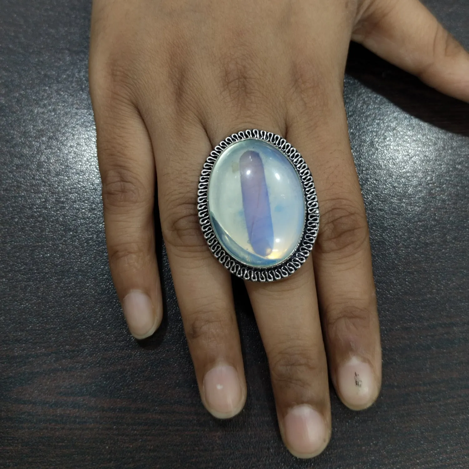 Opalite Adjustable Unisex Fancy Oval Ring In German Silver