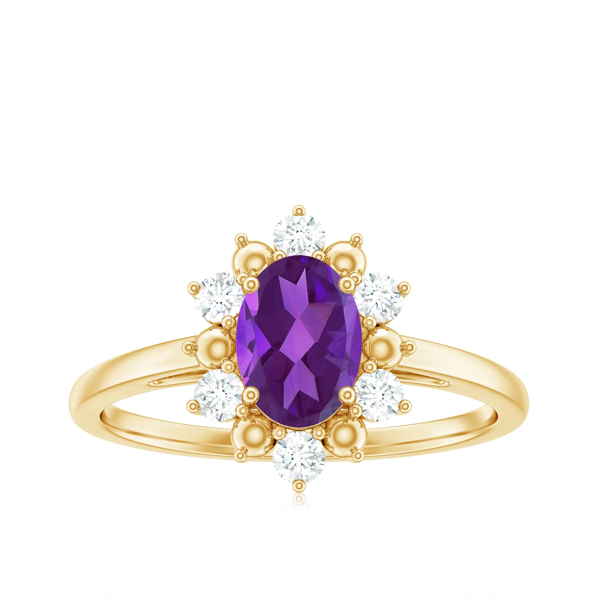 Oval Amethyst Floral Halo Engagement Ring with Diamond