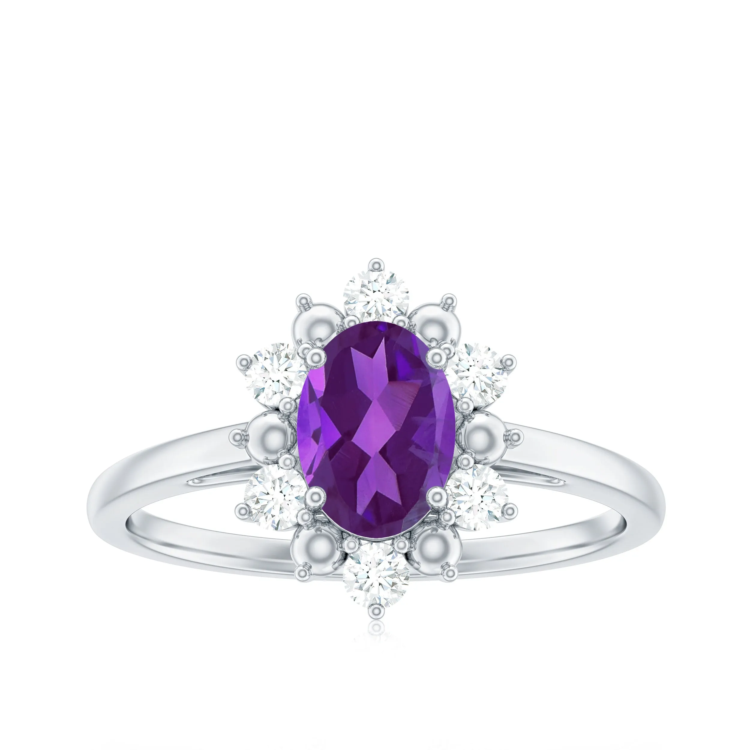 Oval Amethyst Floral Halo Engagement Ring with Diamond