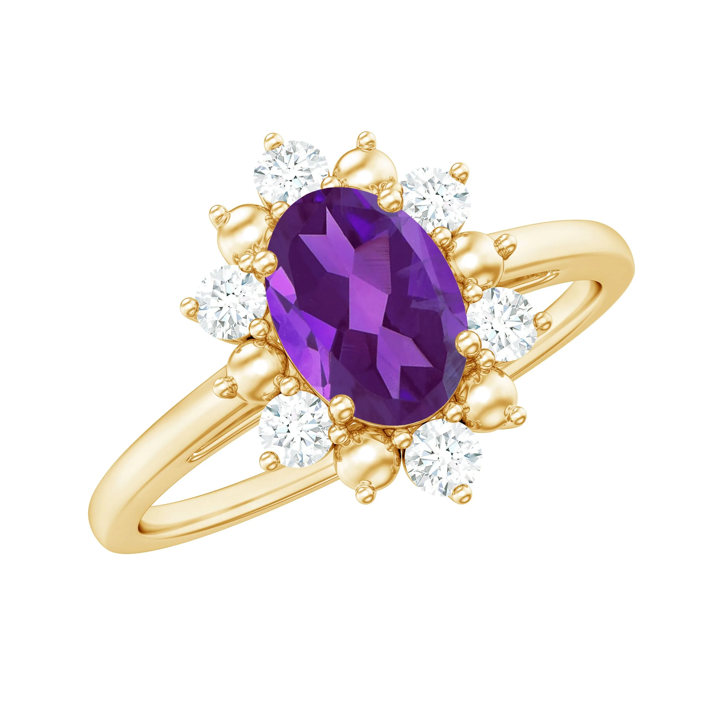 Oval Amethyst Floral Halo Engagement Ring with Diamond