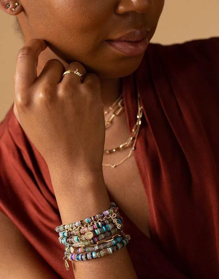 Pave Diamond Love Script Charm on Multi Opal Bracelet
