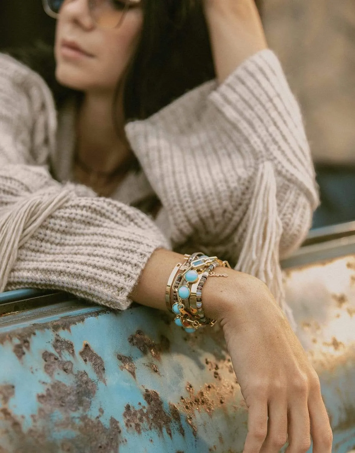 Pave Diamond Love Script Charm on Multi Opal Bracelet