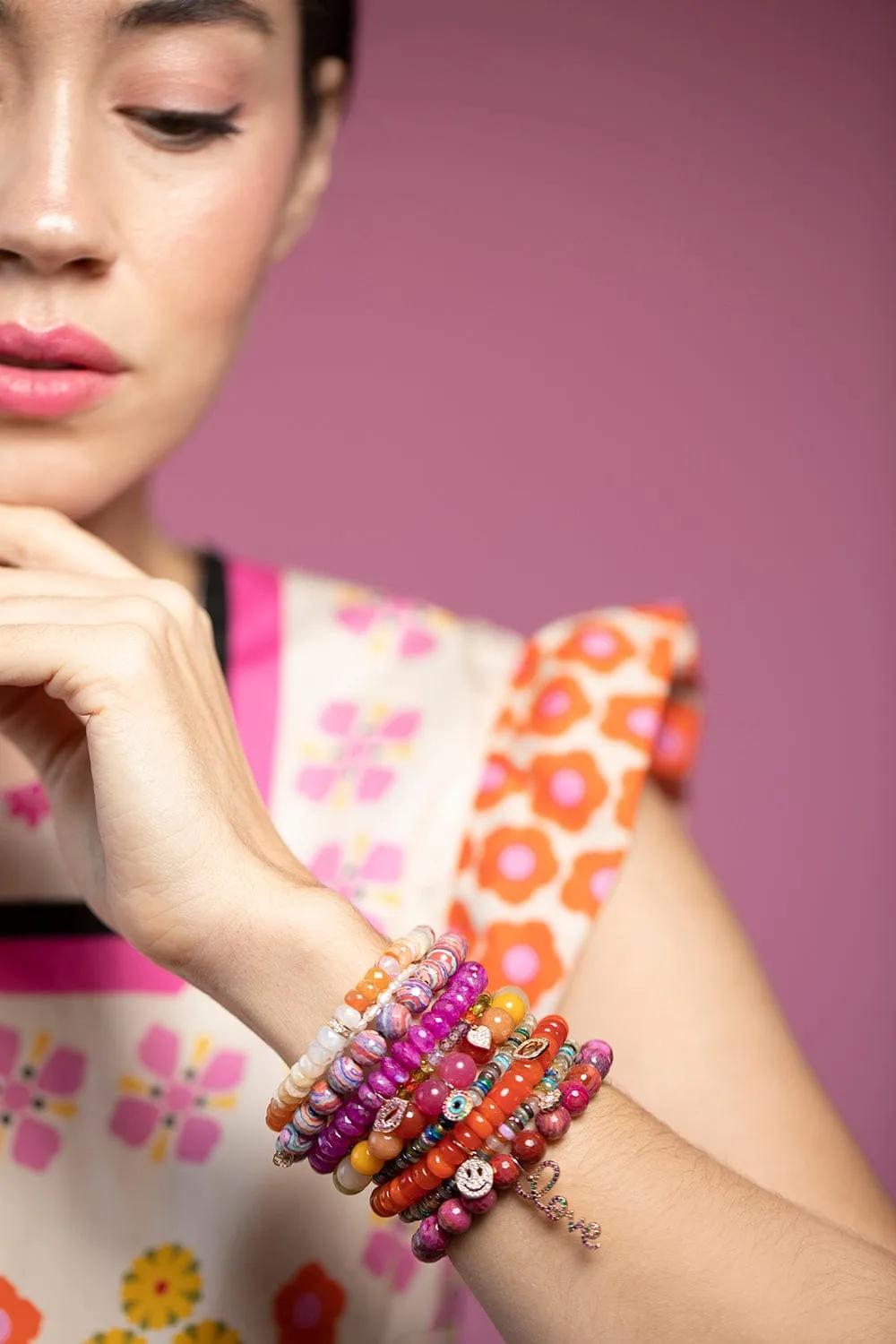 Pave Happy Face Orange Opal Bead Bracelet