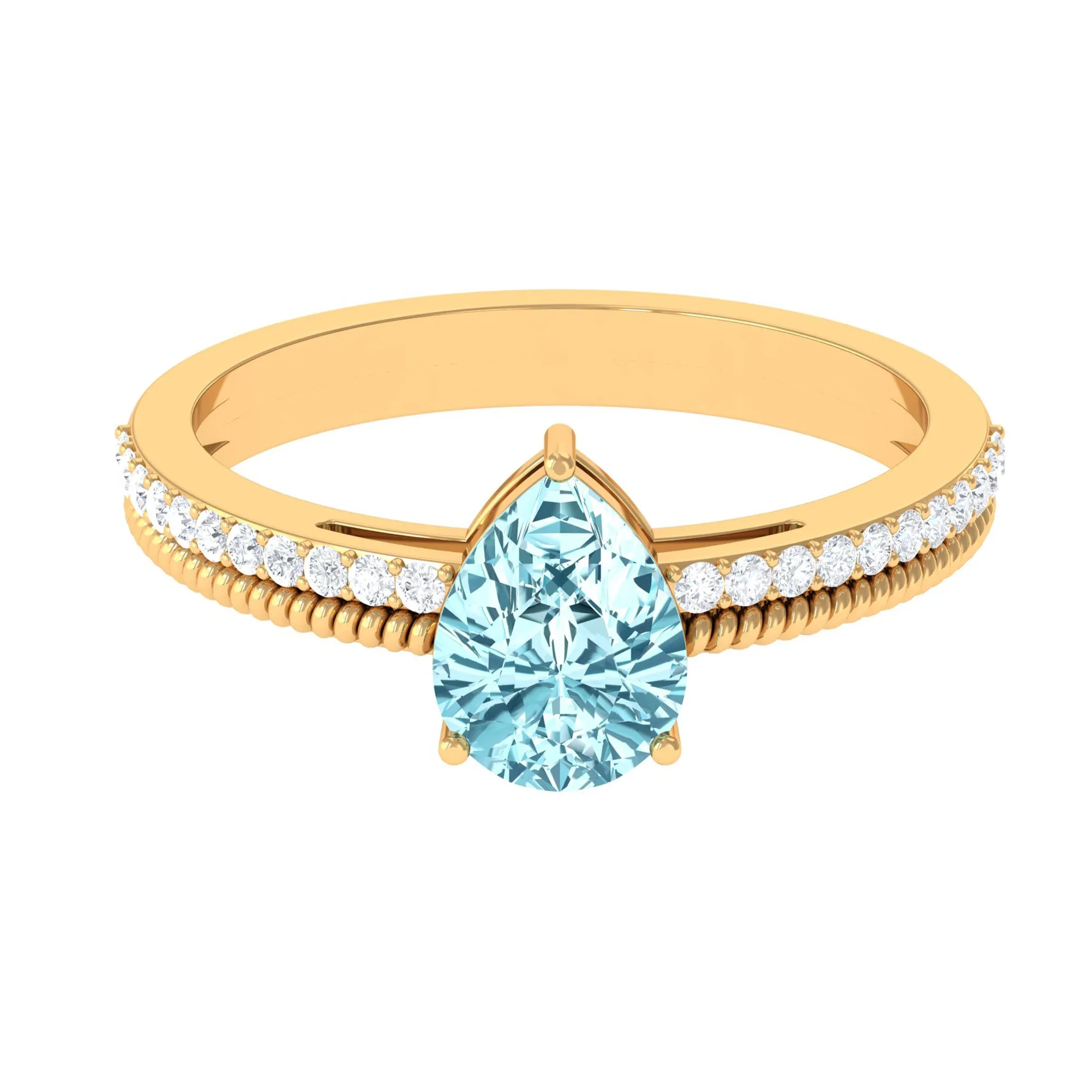 Pear Shape Aquamarine and Diamond Solitaire Ring with Twisted Rope Details