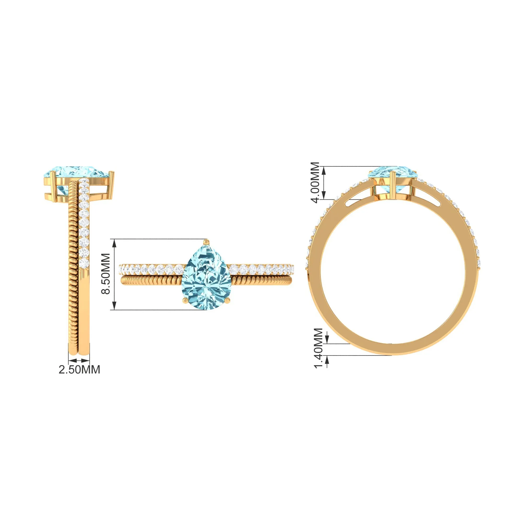Pear Shape Aquamarine and Diamond Solitaire Ring with Twisted Rope Details