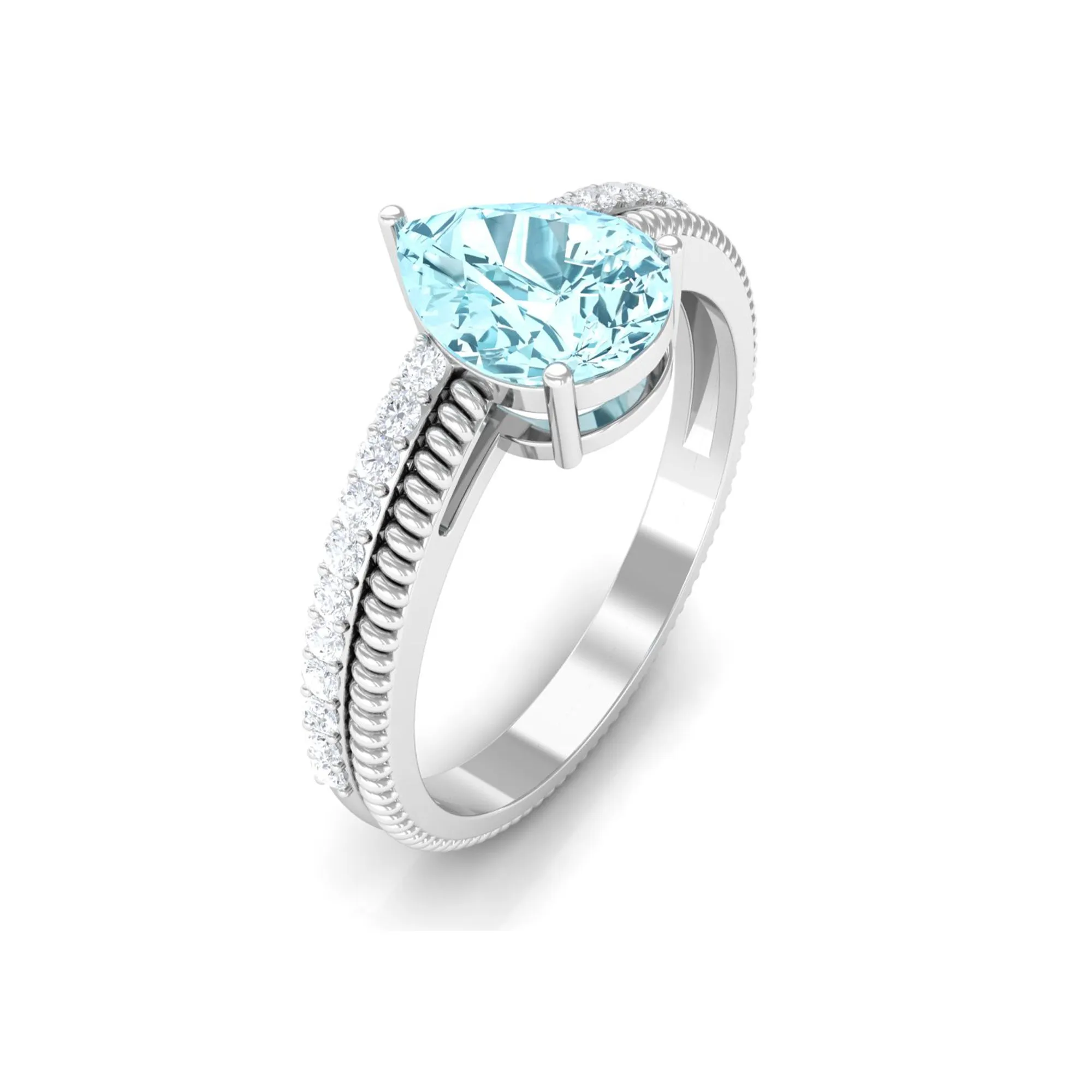 Pear Shape Aquamarine and Diamond Solitaire Ring with Twisted Rope Details