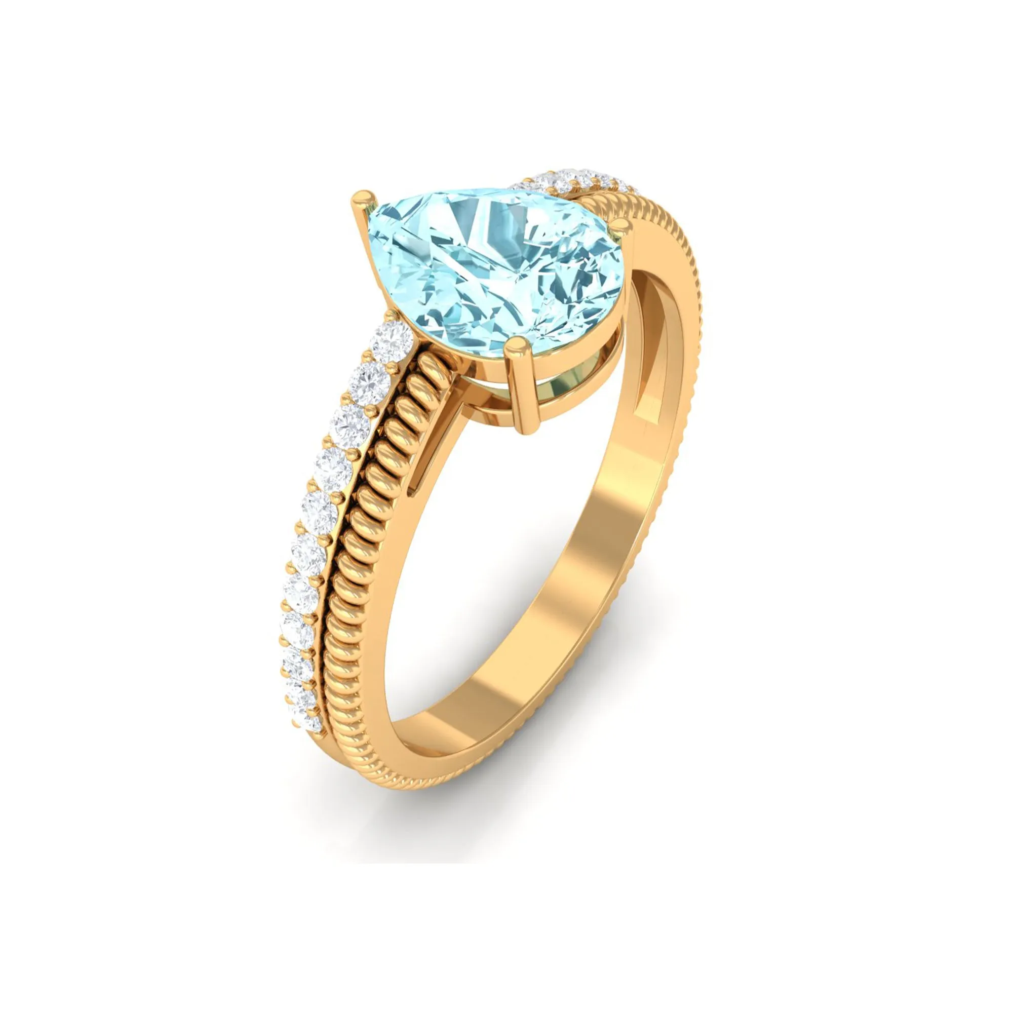 Pear Shape Aquamarine and Diamond Solitaire Ring with Twisted Rope Details